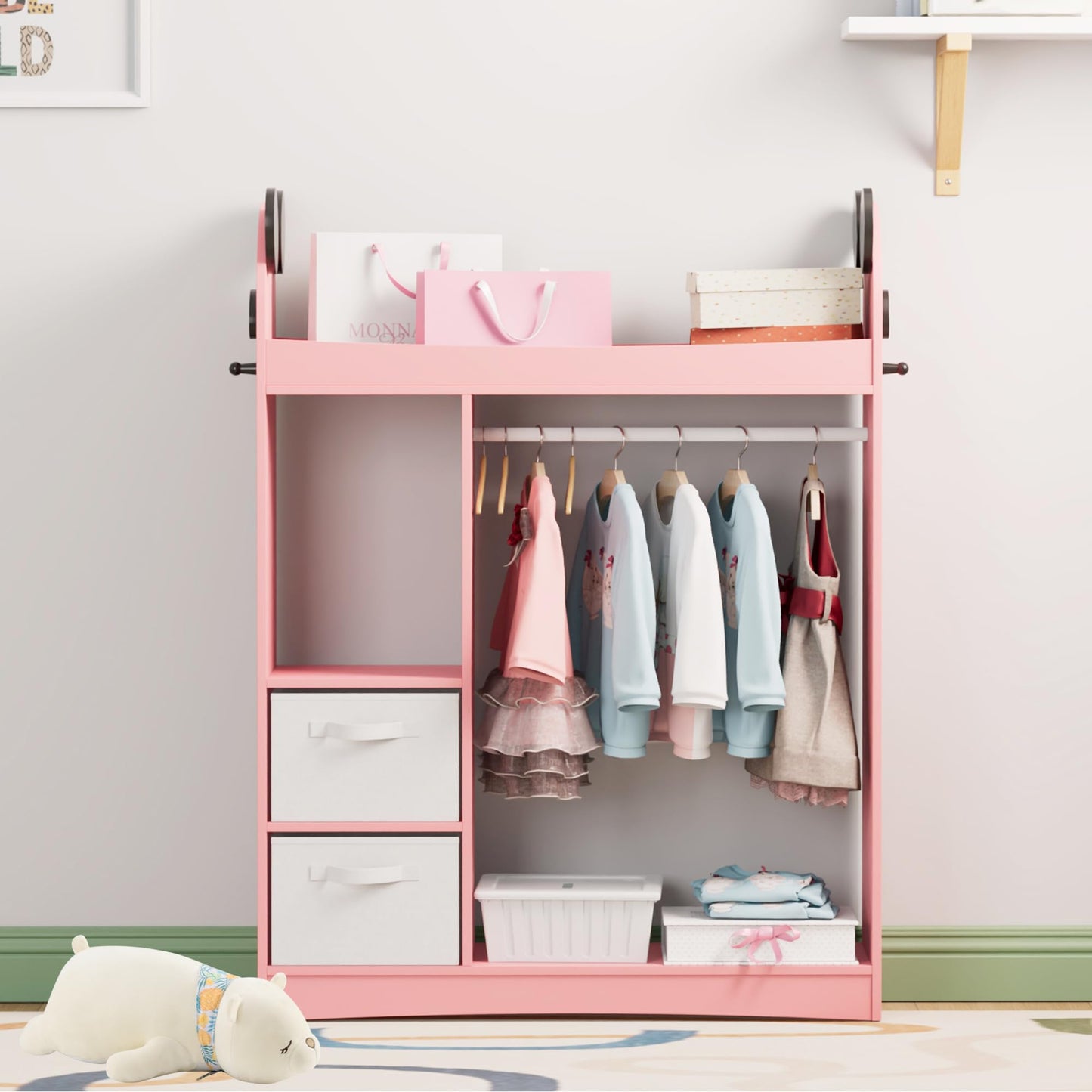 Children's Clothes Rack with Mirror, Clothes Rail with Shelves, Children's Wardrobe Wood, Children's Shelf for Children's Room, 81 x 28 x 106.5 cm (Clouds with 2 Drawers, White)