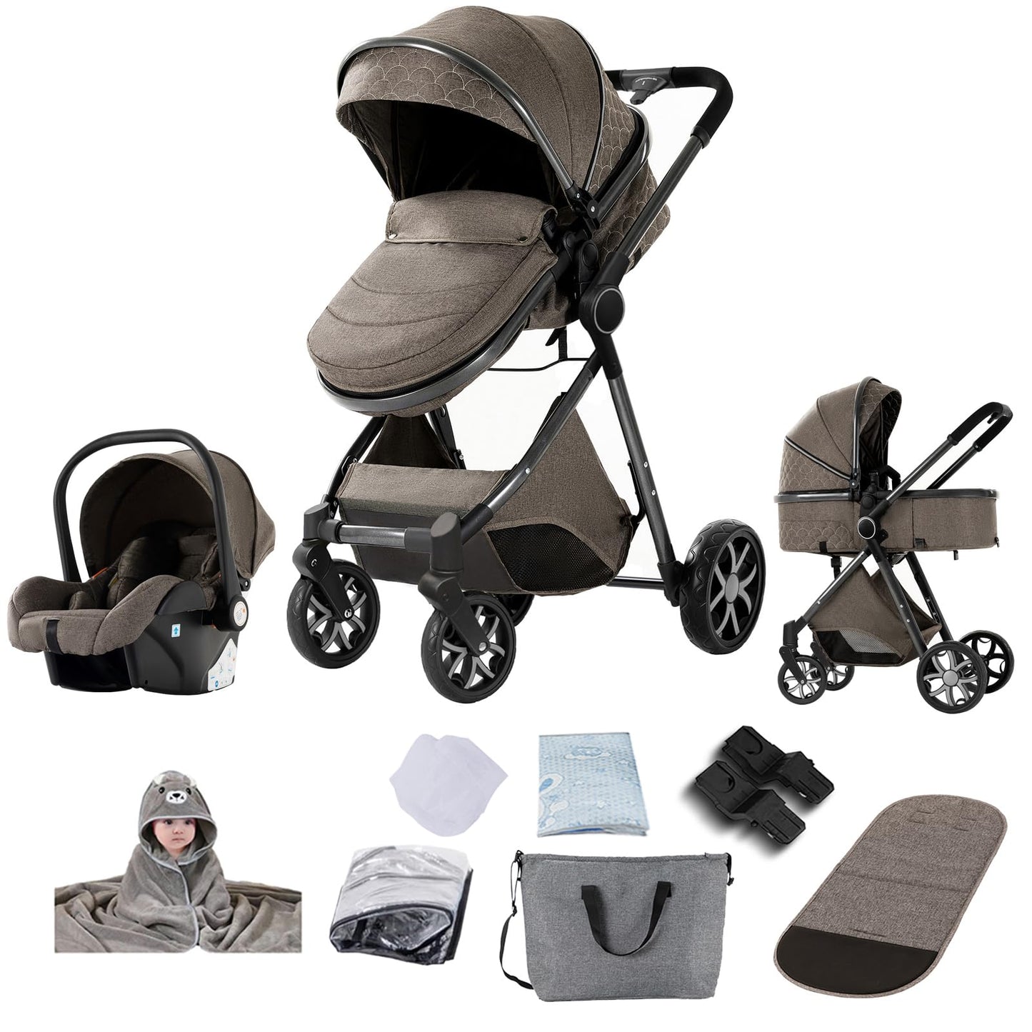 PU Leather Pushchair 3-in-1, Buggy with One-Click Folding Design, Pushchair with Two Reversible Sliding Modes, Combination Pushchair 3-in-1 Complete Set Frame Aluminium Alloy (518 Black)