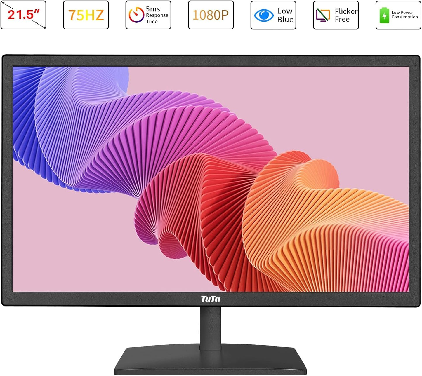 TuTu 24 Zoll Monitor Full HD VA Panel Randlos 75HZ Eye Care (1920 x 1080, VGA HDMI VESA 75 x 75mm) Flimmerfrei Blaulichtfilter Niedriger Stromverbrauch Monitor für PC Büro Schwarz
