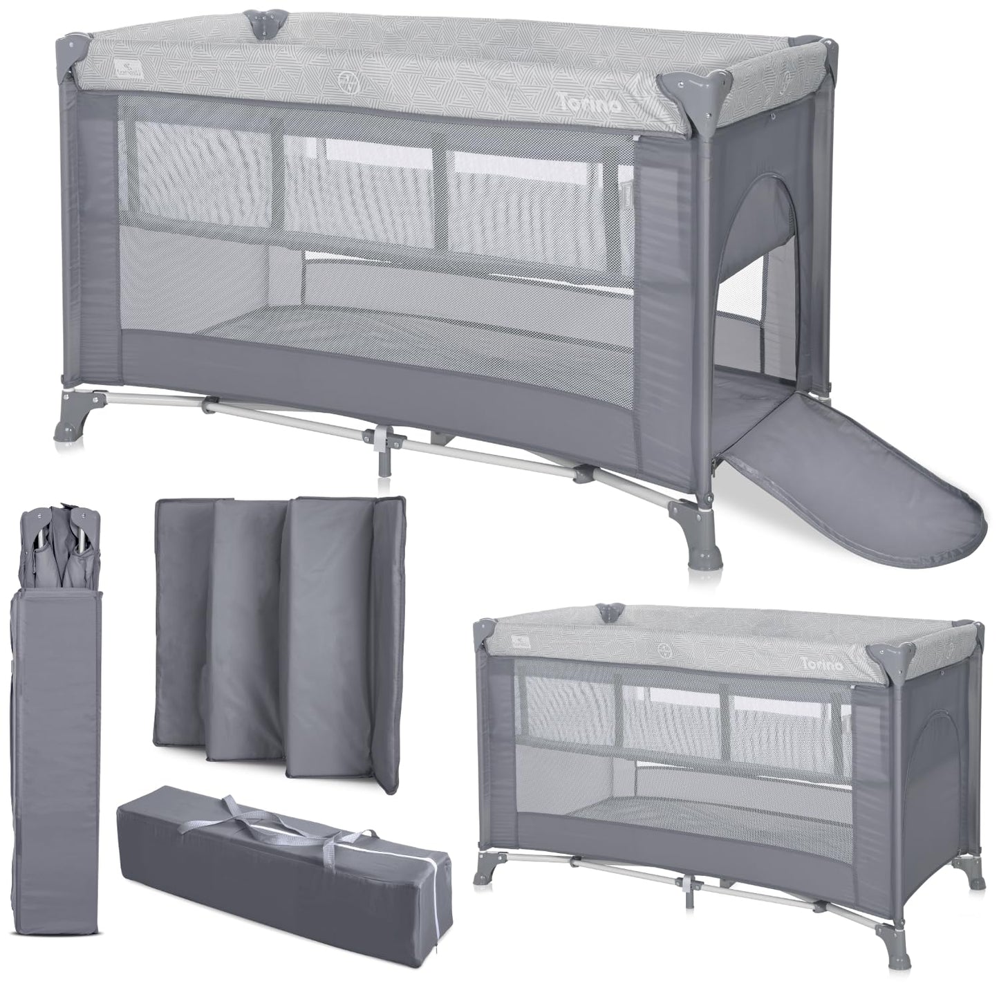 Lorelli Torino 2-in-1 Baby Bed and Playpen 2 Levels with Newborn Insert and Side Entrance, Cot from Birth to 15 kg, Baby Travel Cot, Foldable Including Transport Bag, Dark Grey