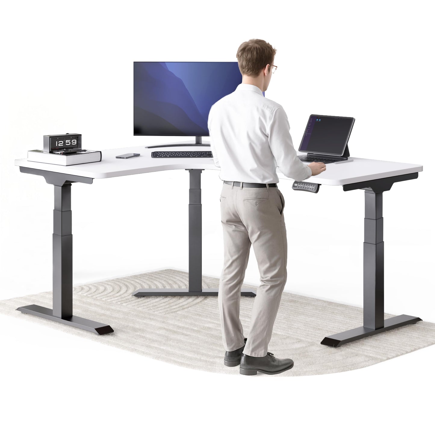 Corner Electric Height-Adjustable Corner Desk, Corner Desk with Memory Function and Anti-Collision Black Frame, Mahogany Table Top, 160 x 130 x 70 cm