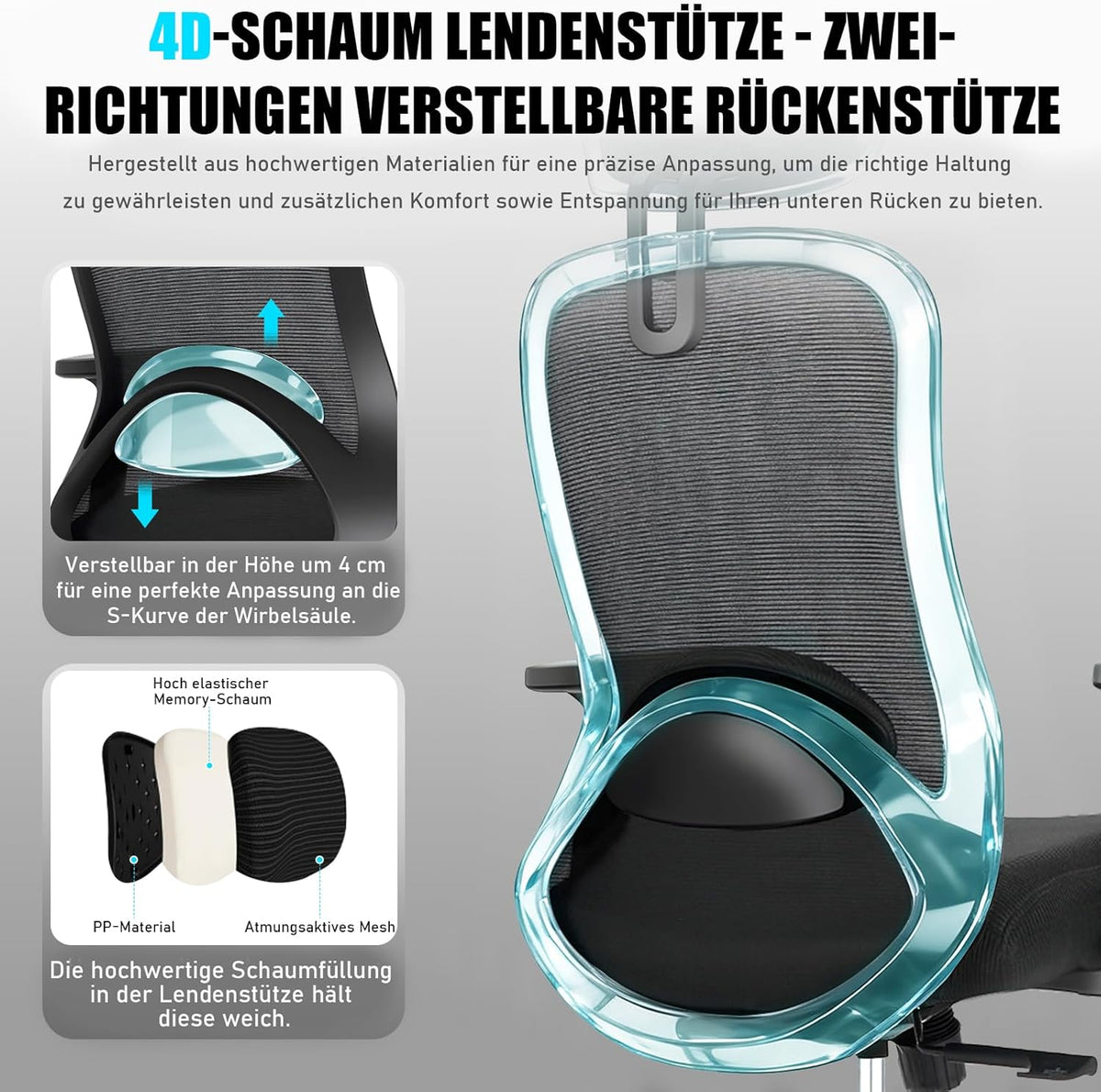 Milacyee Ergonomic Office Chair, Desk Chair with Adjustable 4D Lumbar Support, Office Chair with Headrest, Mesh Executive Chair with 90°-130° Reclining Function (Lockable), Swivel Chair up to 150 kg
