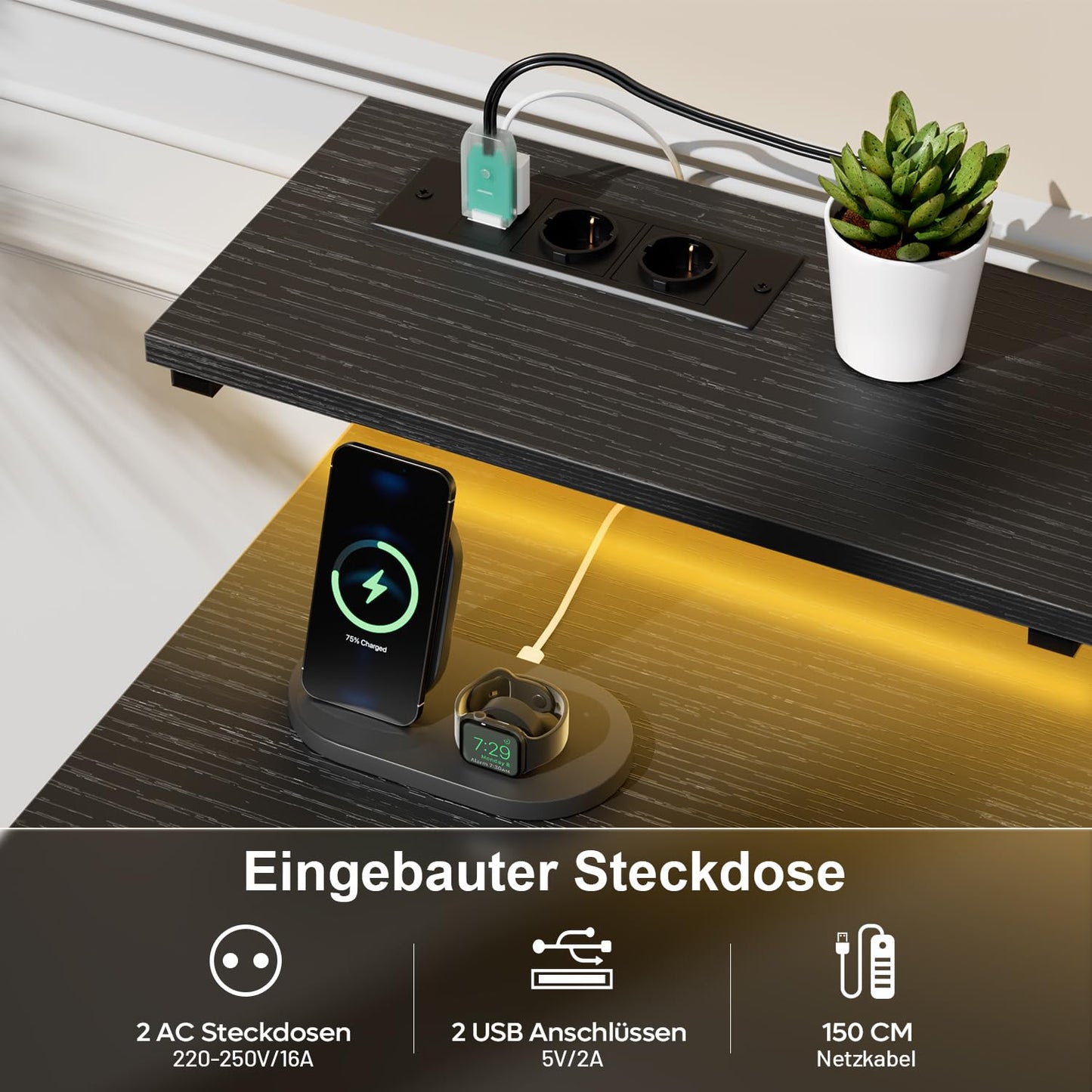 Schreibtisch mit 8 Schubladen, Computertisch mit 2 Steckdosen und 2 USB Ladeanschluss, Bürotisch mit LED und Monitorständer, PC Tisch für Büro, Wohnzimmer, 120 x 50 x 74 cm, Weiß