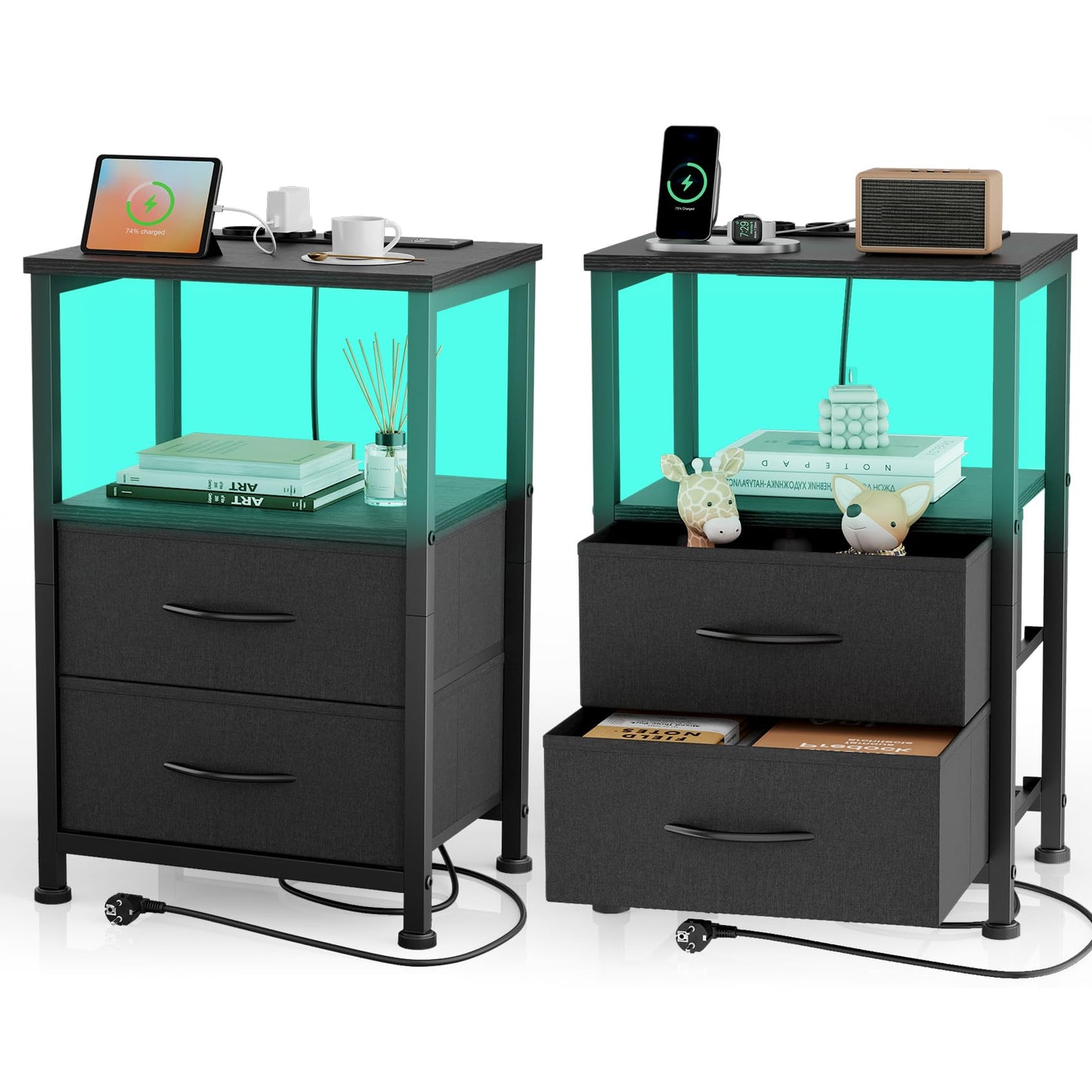 Bedside Table with LED & Charging Function, Side Table with Drawer, Bedside Tables with 3 AC Ports & 2 USB Ports, Side Tables for Living Room, Bedroom, White