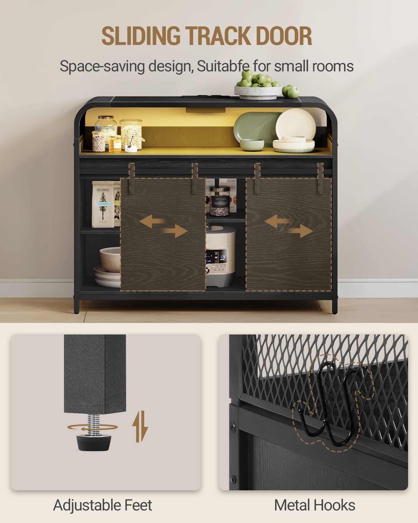 Hzuaneri SC00103WEU Kitchen Cabinet with LED Lighting, Sideboard with Power Strip, Storage Cabinet with 2 Sliding Doors, Adjustable Dividers, Kitchen, Dining Room, 35 x 100 x 80 cm, White