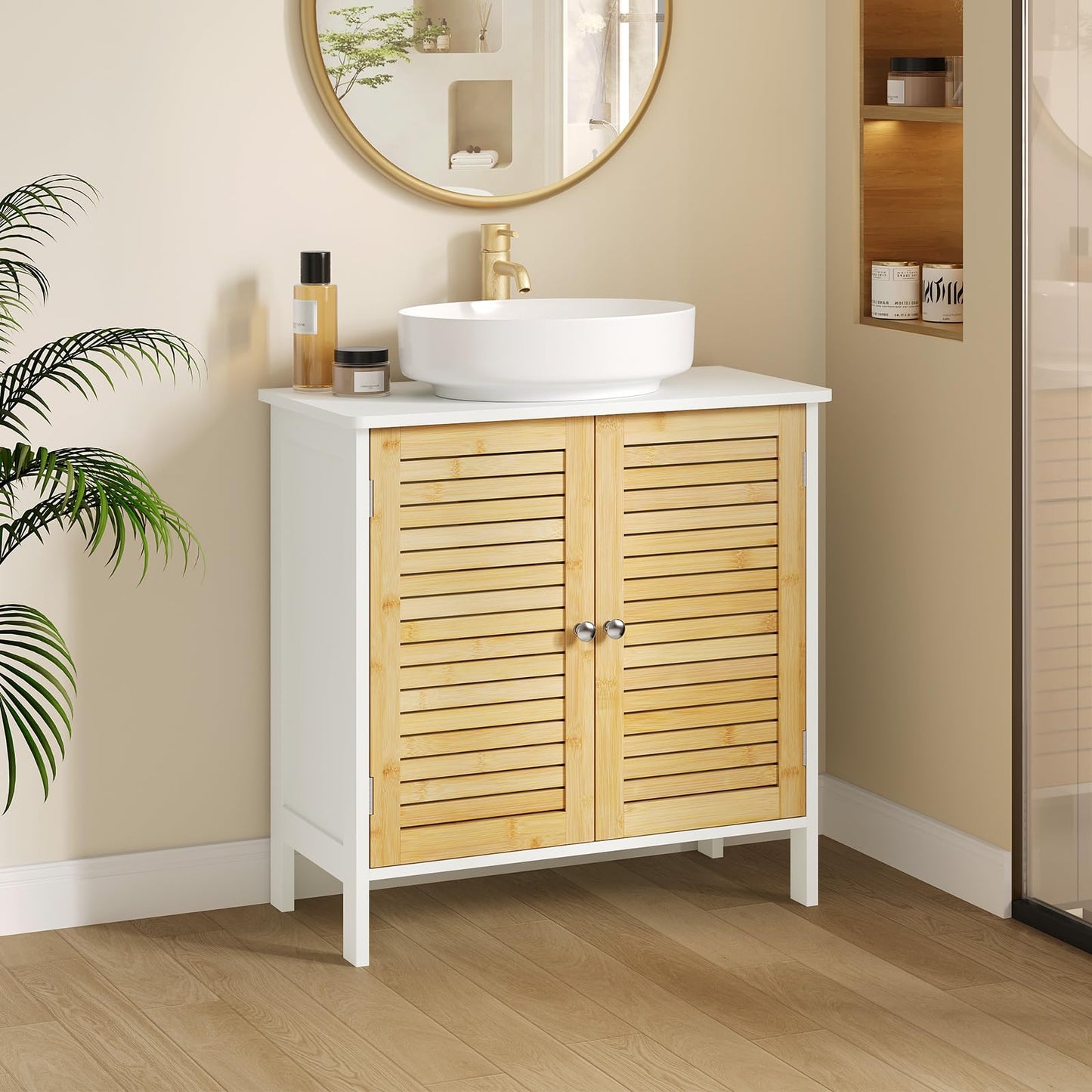 EUGAD Under Basin Vanity Unit Bathroom Cupboard with 2 Doors 60 x 30 x 60 cm, Bamboo