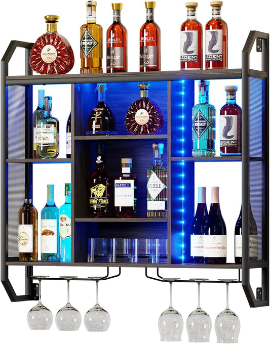 Weinregal Wand Mit LED-Licht 90*90CM Weinregal Zur Wandmontage Aus Eisen+MDF Flaschenregal Wand Weinregale Mit Glashalter Schweberegale Wandregal mit verstellbarem Regalboden für Bars,Weinkeller,Küche