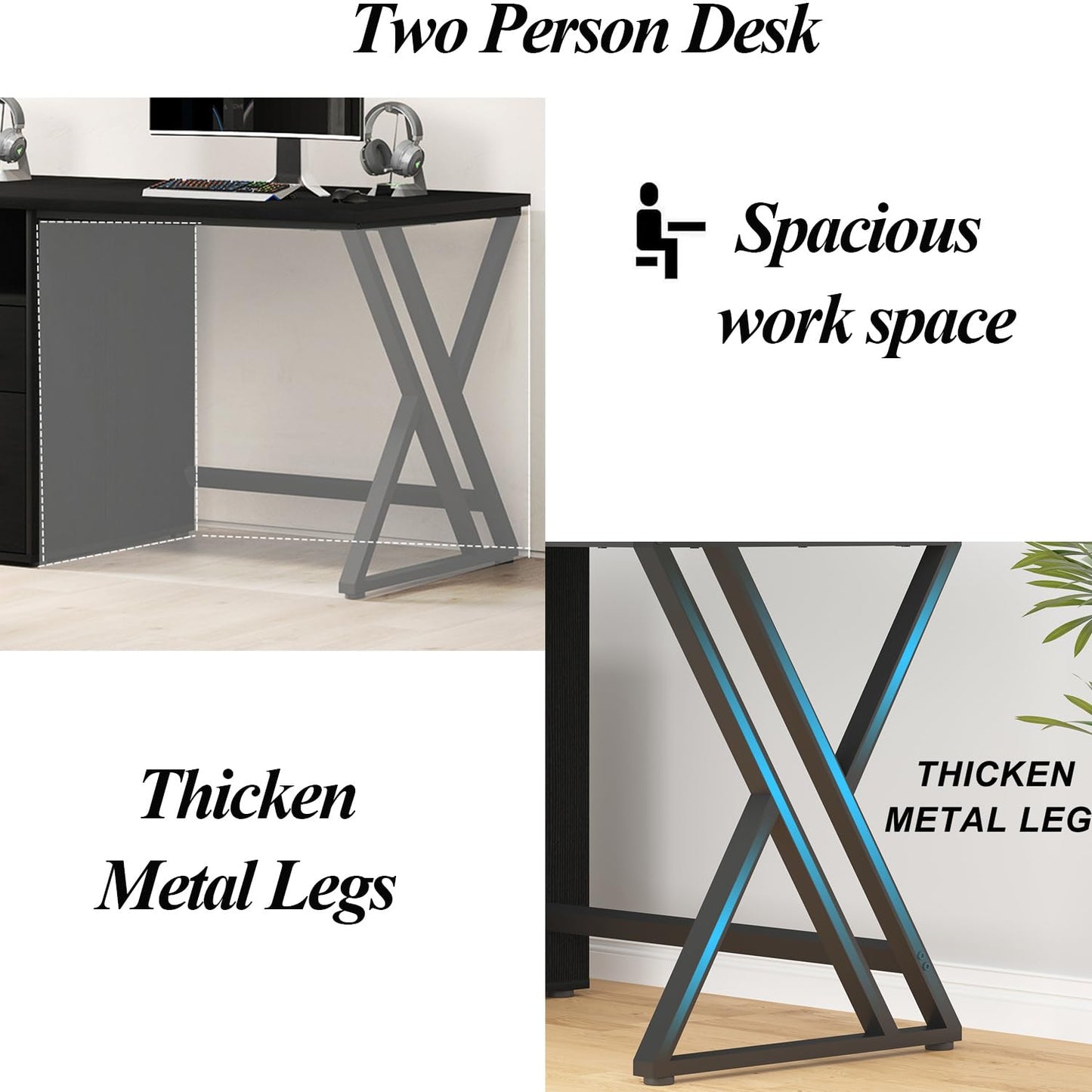 LVB Schwarz Large Double Industrial Computer-Schreibtisch mit Schubladen, Extra Lange Gaming-Tabelle mit Lagerung Schrank Regale, Holz-Metall-Computer-Schreibtisch