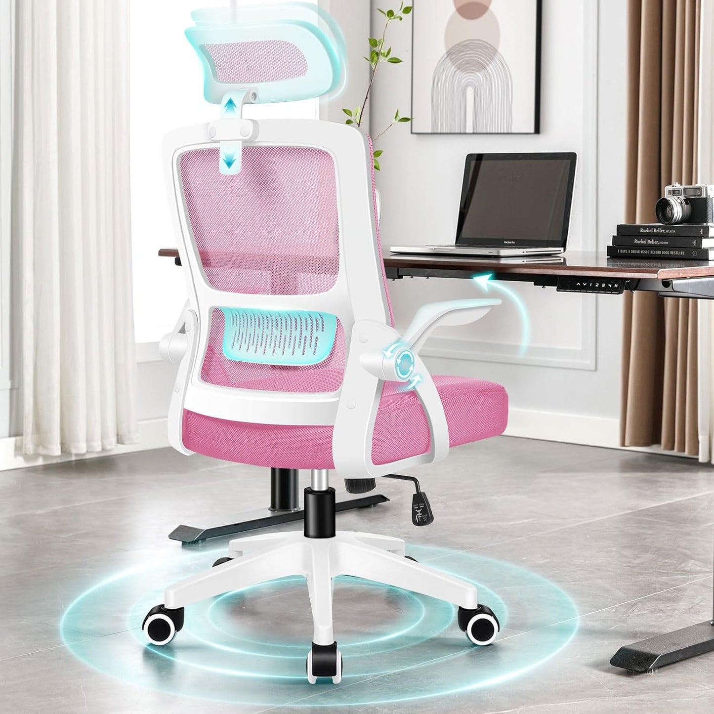 ALFORDSON Ergonomic Office Desk Chair, Computer Chair with Dynamic Lumbar Support, Tilting Swivel Chair with Flip Up Armrest, Black