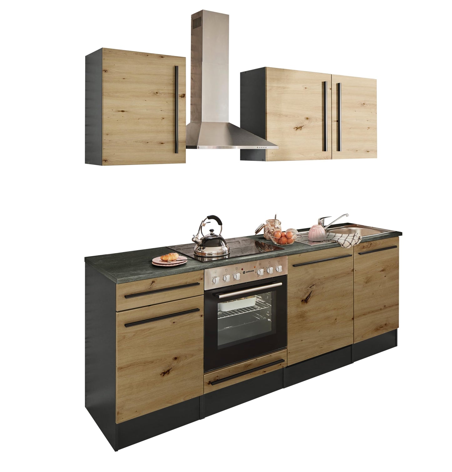 Jazz 8 Modern Kitchen Unit without Electrical Appliances in Anthracite, Artisan Oak Look, Spacious Fitted Kitchen with Lots of Storage Space, 220 x 211 x 60 cm (W x H x D)