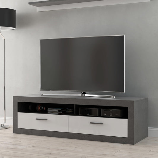 Forte TREBBIA TV Cabinet 150 160 Modern Cabinet with 2 Drawers Lowboard TV Rack Wood Composite Concrete Look Dark Grey/White High Gloss 152.7 cm Wide x 46.7 cm High x 51.7 cm Deep