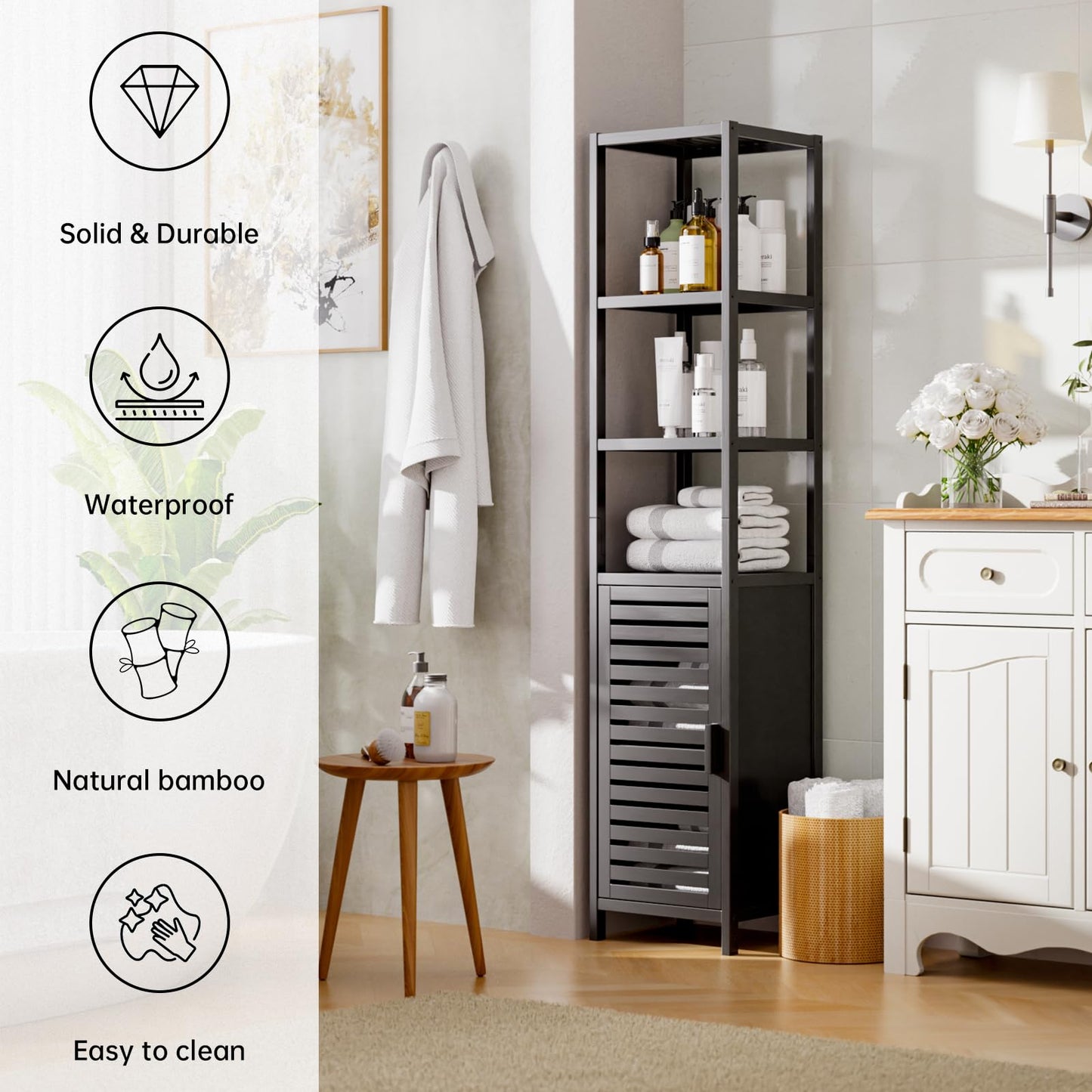 HITNET Bathroom Cabinet Bamboo Black Bathroom Cabinet Tall Cabinet Narrow Freestanding Floor Standing with Open Shelf and Single Door