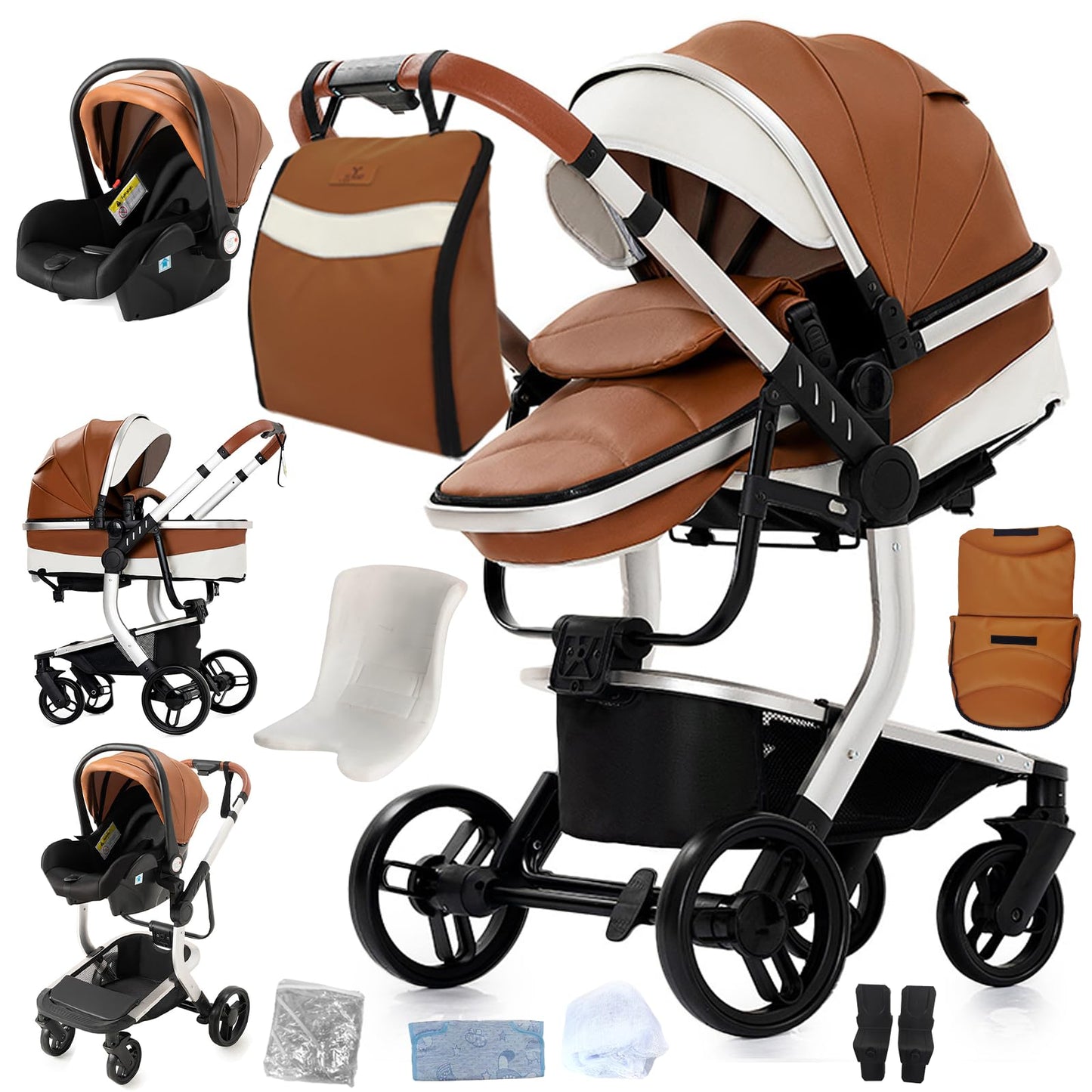 Doraystar 360° Rotation PU Leather Pushchair 3-in-1 Combination Pushchair 3-in-1 with Two Reversible Sliding Modes, Pushchair Complete Set with One-Click Folding Design, Aluminium Alloy Frame (906