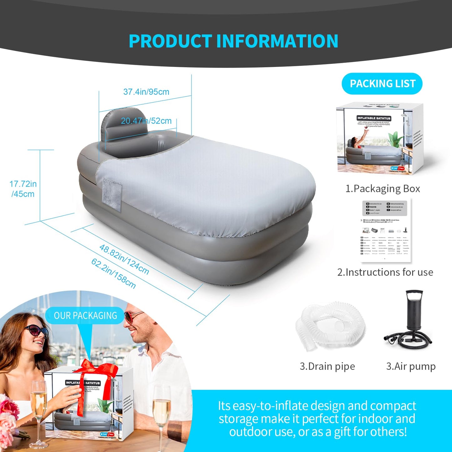 Nevife Inflatable Bathtub with Heat Protection Cover Cloth & Comfort Base, Foldable Adult Bathtub for Spa, Ice Baths, Camping - Includes Hand Pump, XL (158 x 95 x 45 cm)