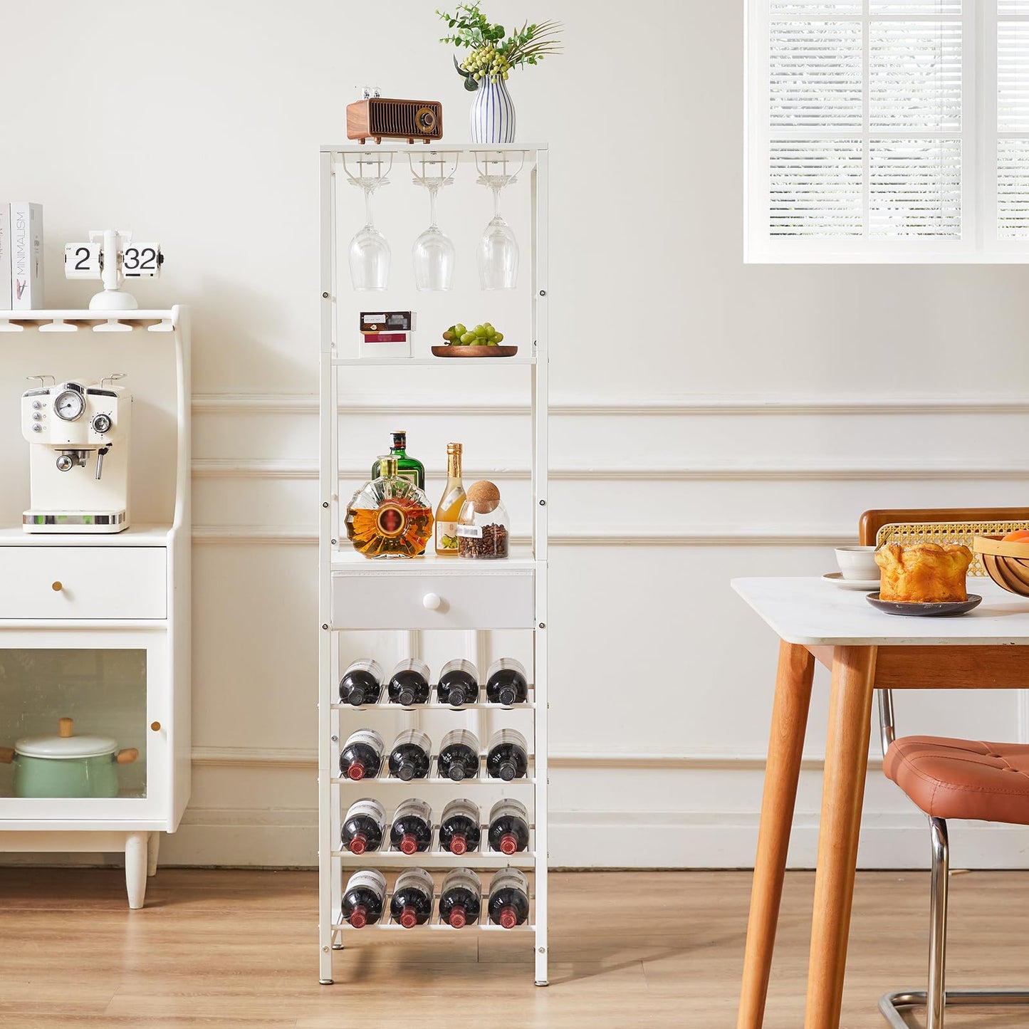 IBUYKE TMJ905H Wine Rack, 4-Layer Freestanding Wine Rack with Glass Holder and Drawer, 16 Bottle Rack, Countertop Wine Rack with Table Top Shelf, for Kitchen, Bar, Dining Room, Vintage Brown