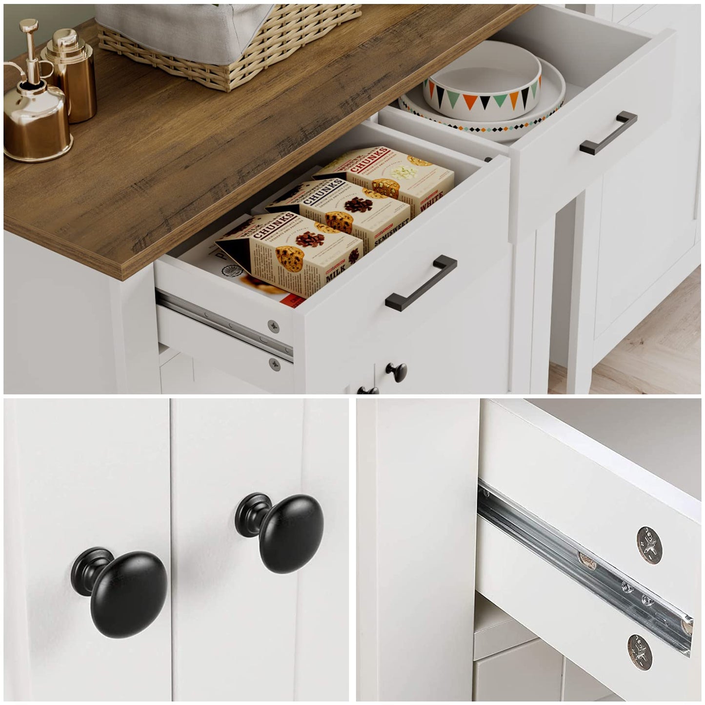 HOCSOK Kitchen Cabinet with Worktop, Sideboard with 2 Drawers and 2 Doors, Buffet Cabinet for Kitchen, Living Room, Dining Room, Hallway, Wood, Country House Style