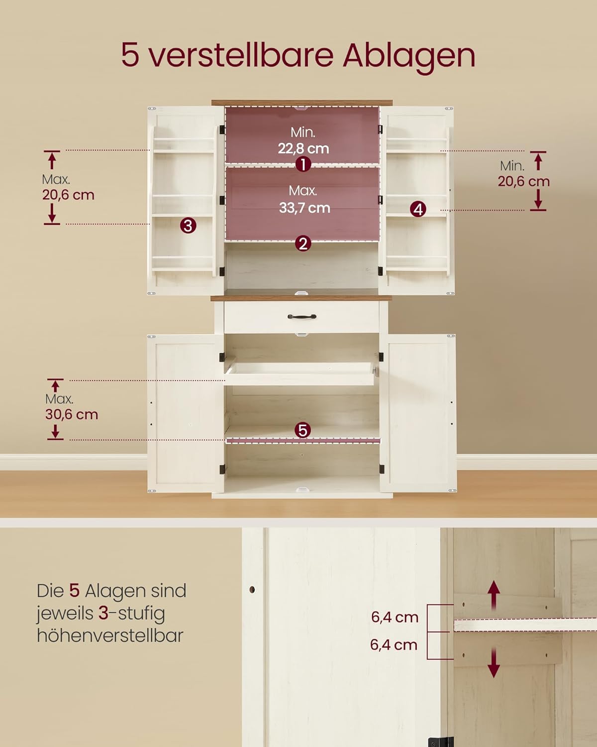 VASAGLE Kitchen Cabinet 70" Tall Multi Purpose Cabinet Country Style with Sliding Doors Drawer Shelf and Adjustable Shelves Kitchen Dining Room Vintage White BBK364W02