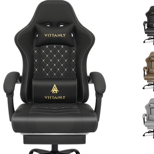 Vittanly Gaming Chair with Spring Cushion, Ergonomic Gaming Chair, Gamer Chair with Headrest, Lumbar Cushion and Footrest, Height-Adjustable Rotating Gaming Chair, Office Chair, 150 kg, Black