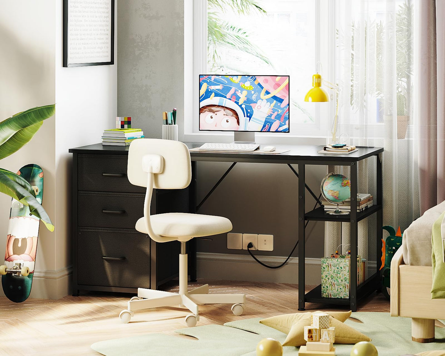 Coleshome Fabric Desk with 3 Drawers, 130 x 48 cm Computer Desk with 2 Sockets and 2 USB Charging Ports, PC Table with Shelf, Reversible Office Table for Office, Living Room, White