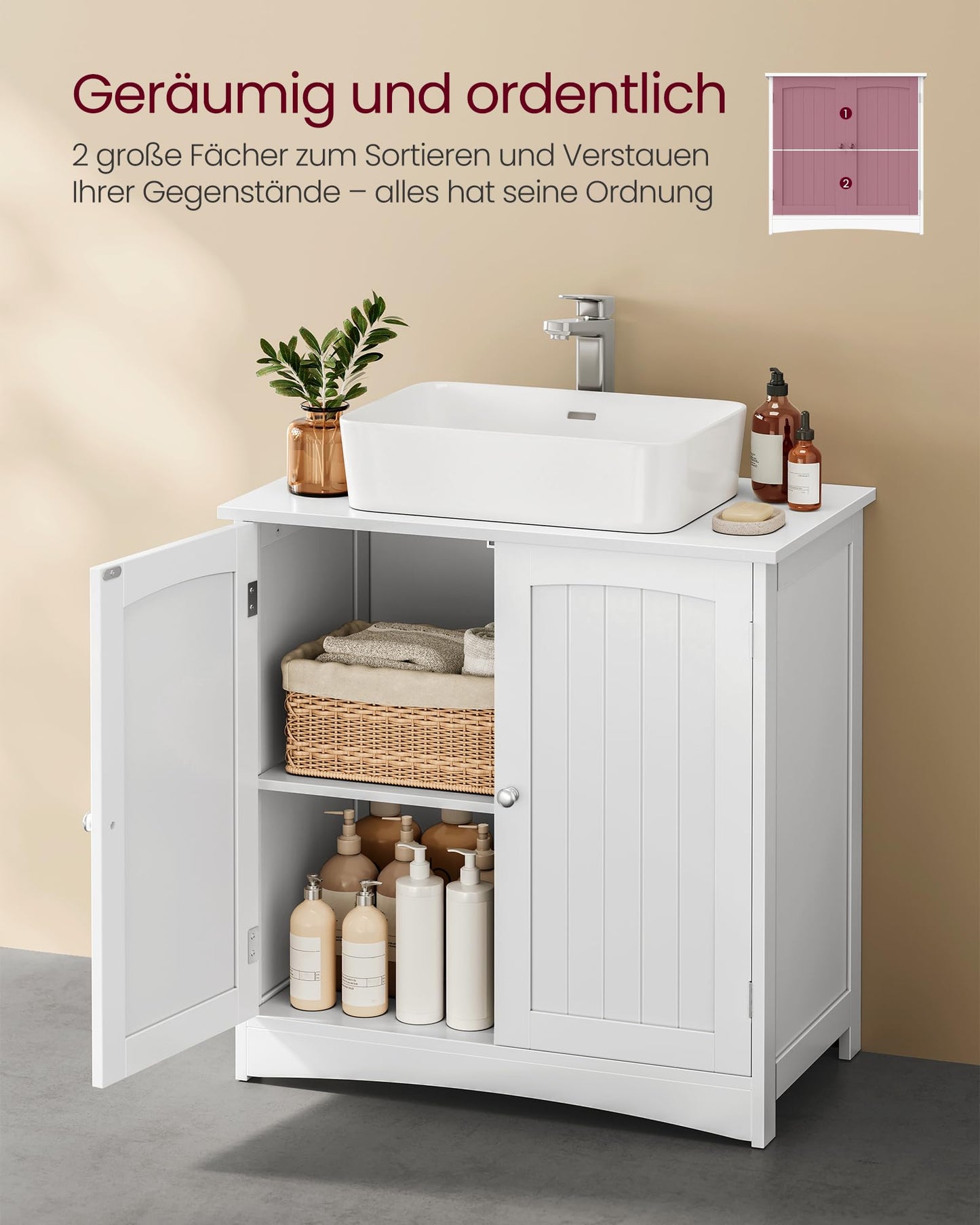 VASAGLE BBC410P31 Vanity Unit Extra Long 30 x 90 x 60 cm 2 Doors Bathroom Cabinet Open Compartments Height Adjustable Shelves White