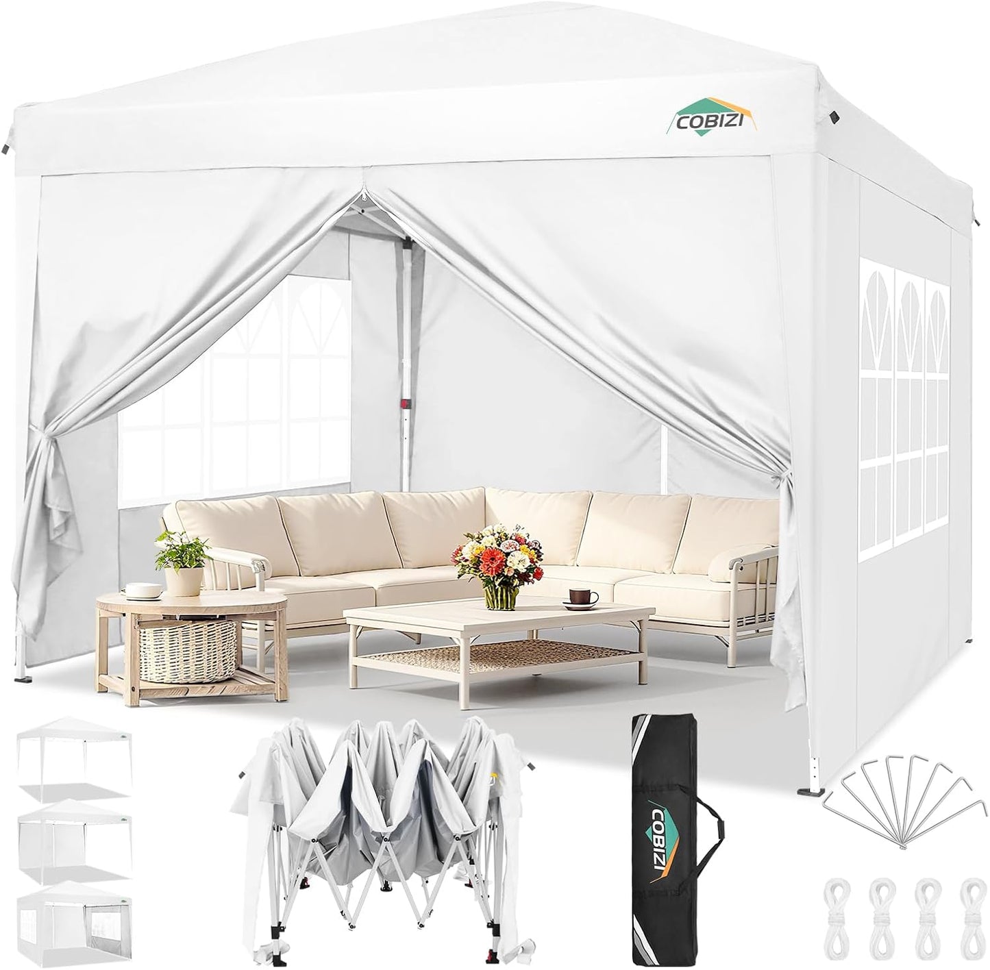 COBIZI Gazebo 3 x 6 Folding Gazebo Waterproof Stable Winterproof Foldable Party Tent with 6 Side Panels Pop Up Garden Gazebo UV Protection 50+ Height Adjustable for Beach Wedding Camping White