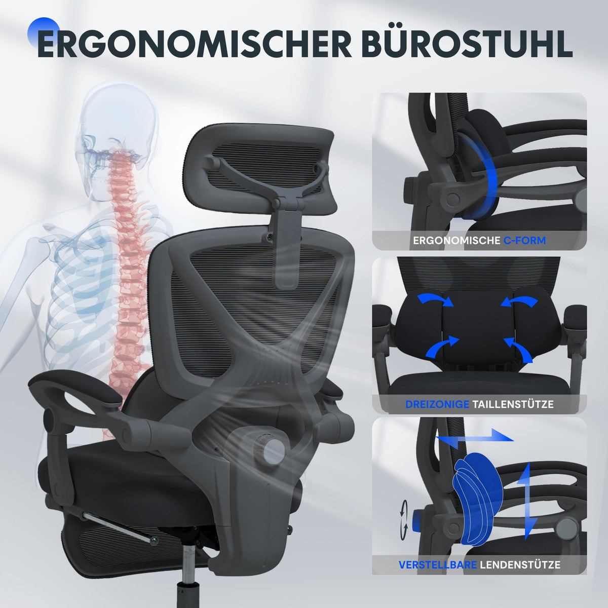 FLEXISPOT Ergonomic Office Chair, X-shaped Desk Chair with 135° Tilt, Coupled Armrests with Zoned Adjustable Lumbar Support, Swivel Chair with Footrest, 3D Headrest, White/Grey