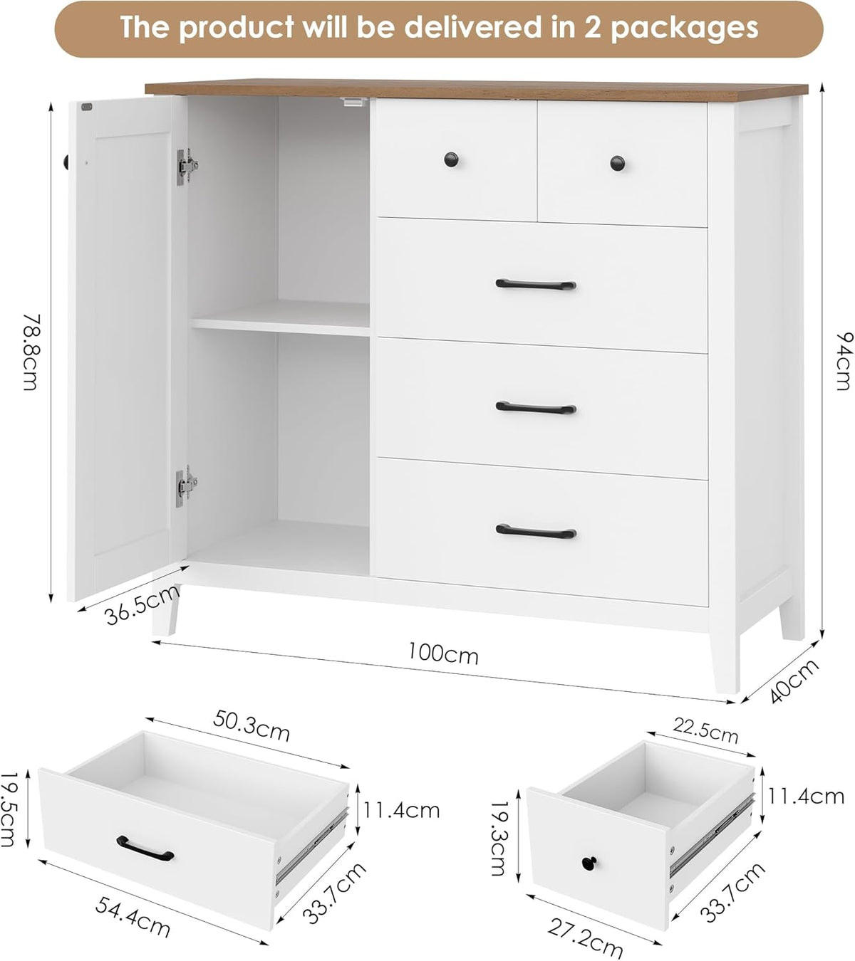 HOCSOK Sideboard, Küchenschrank mit 5 Schubladen und 1 Tür, Buffetschrank mit Arbeitsplatte für Küche, Esszimmer, Wohnzimmer, Flur, Holz, Weiß & Braun