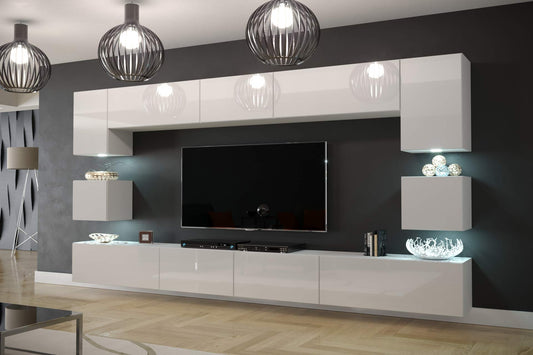 Furnitech Wohnwand Wohnzimmer Möbel (Schwarz) mit LED RGB - 16 Farben - Hängend Wohnzimmerwand Modern - Schrankwand mit Regale und TV Schrank (Nowara AN1-17B-HG20 1C)