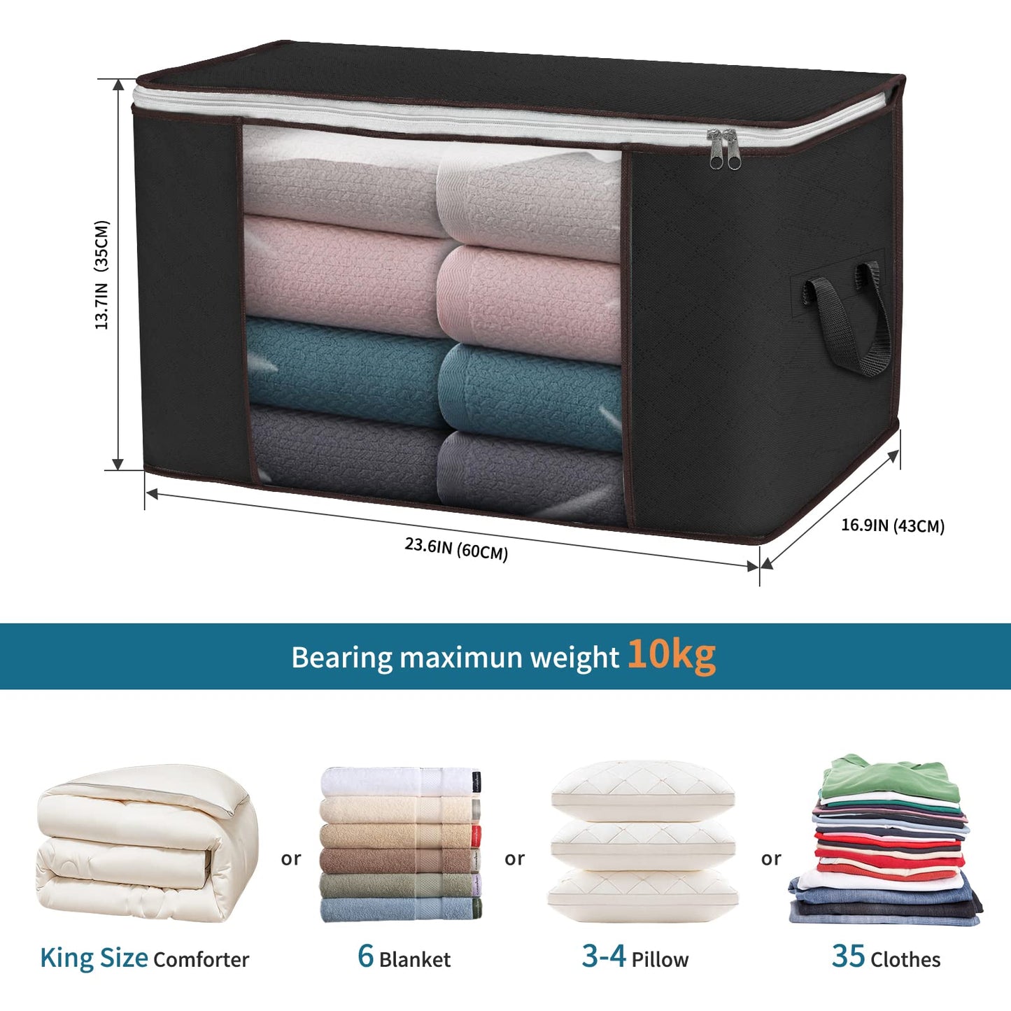 Budding Joy Pack of 6 90 L Storage Bags, Storage Boxes with Lid, Large, Clothes Storage, Moving Boxes, Foldable Underbed Wardrobe for Clothes, Duvets and Bedding, Grey