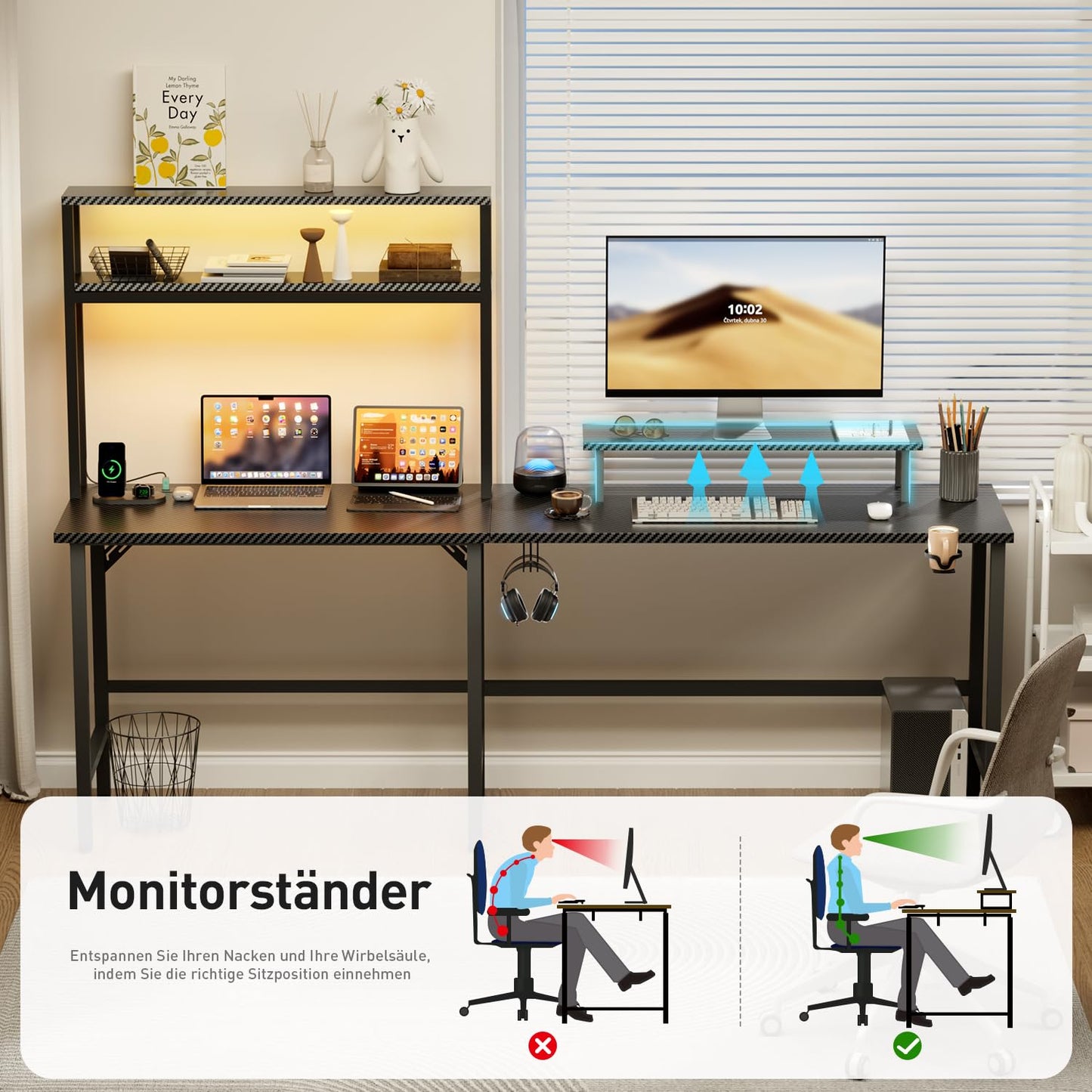 Gaming Table with LED, 150 x 100 cm Corner Desk with 3 Sockets and 2 USB, Reversible Gaming Desk L Shape, Computer Desk with Monitor Stand and Countertop Shelf, Carbon Fibre Black