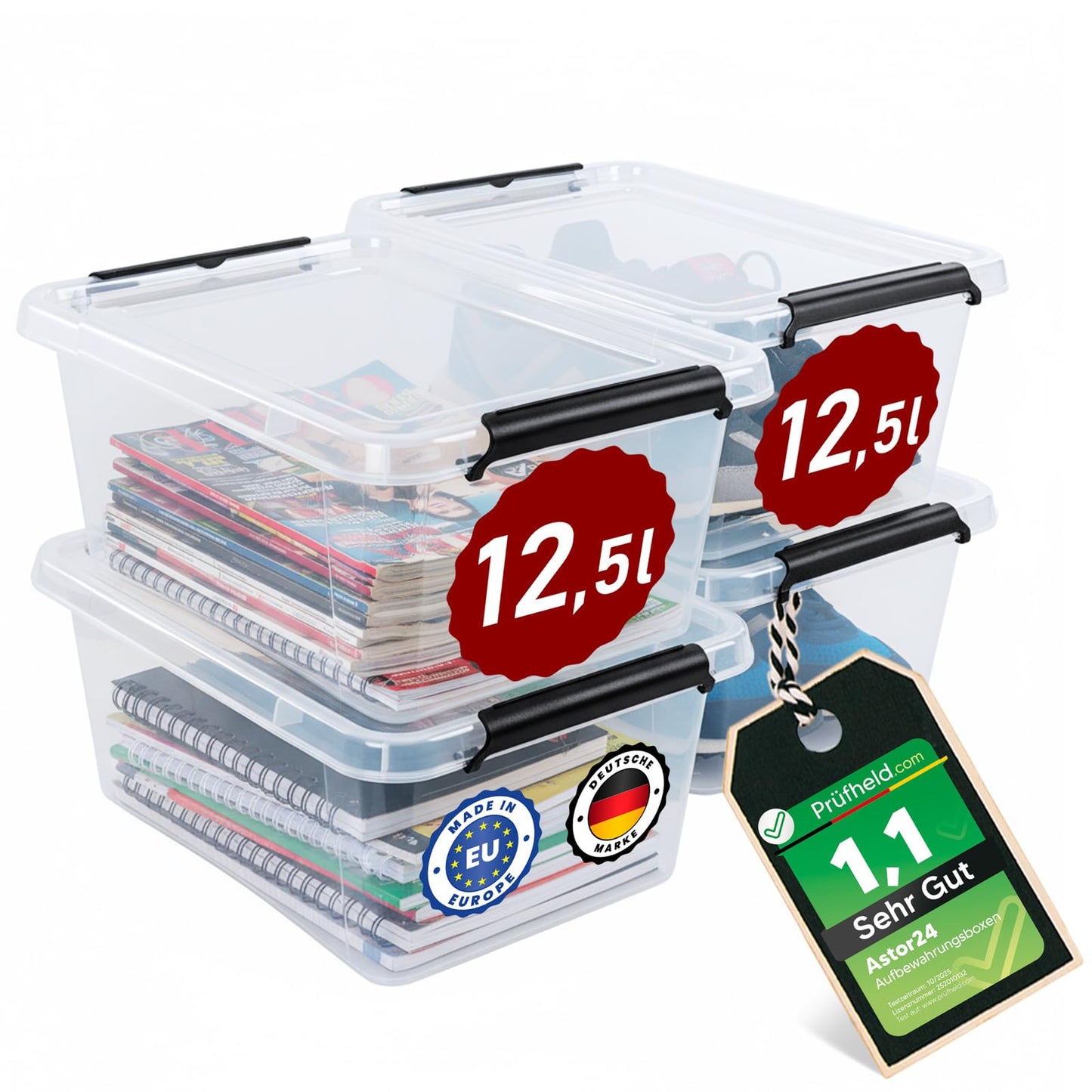 astor24 Storage Box with Lid - Transparent Organiser 40 L - Food Safe - Stackable. Ideal for Office, Children's Room, Clothes Boxes - Kitchen - Workshop