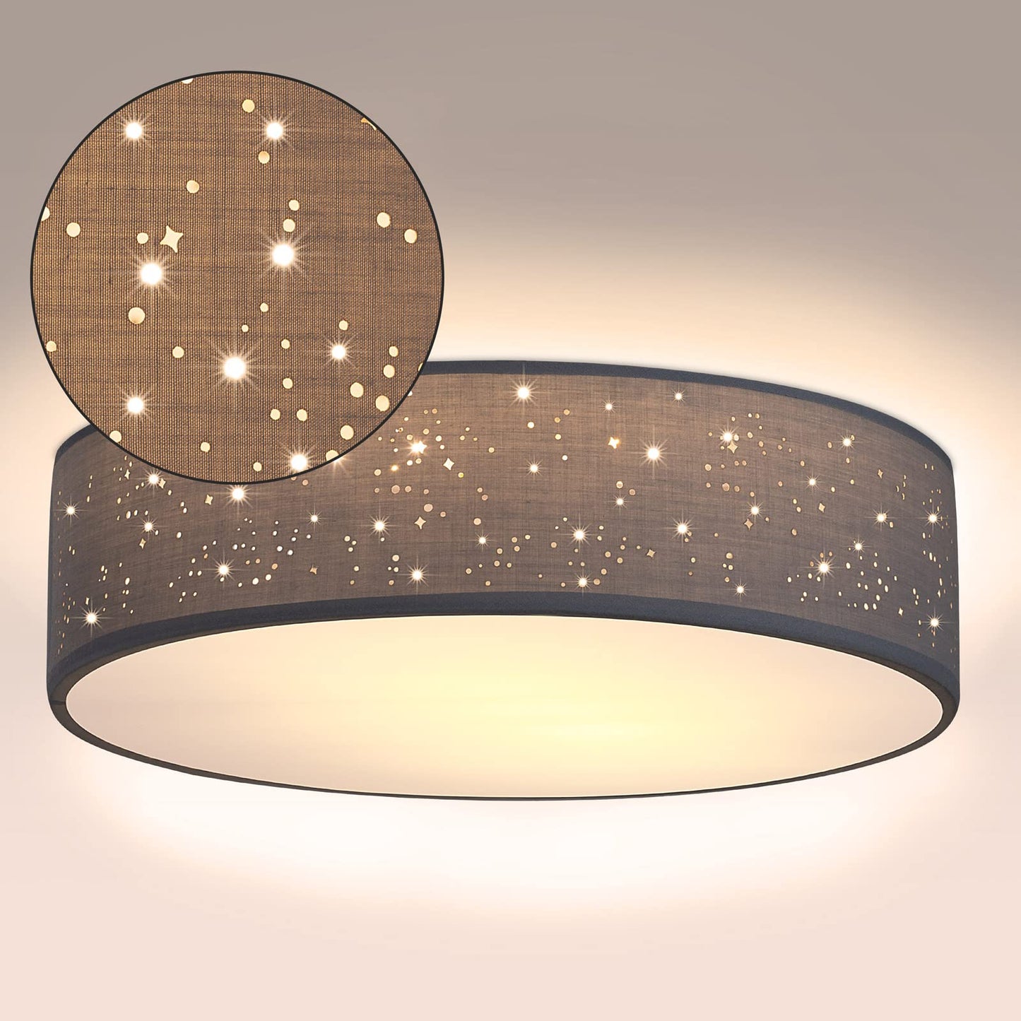 MONZANA® Ceiling Light Starry Sky Living Room Bedroom E27 Grey Round 38 cm Fabric Shade 2 Bulbs 40 W Kitchen Lamp Ceiling Light Fabric Ceiling Lamp