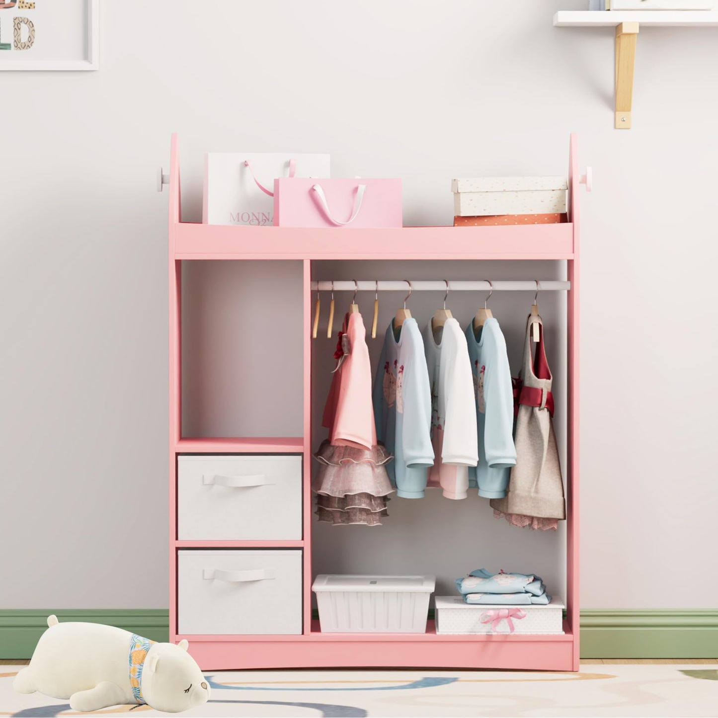 Children's Clothes Rack with Mirror, Clothes Rail with Shelves, Children's Wardrobe Wood, Children's Shelf for Children's Room, 81 x 28 x 106.5 cm (Clouds with 2 Drawers, White)