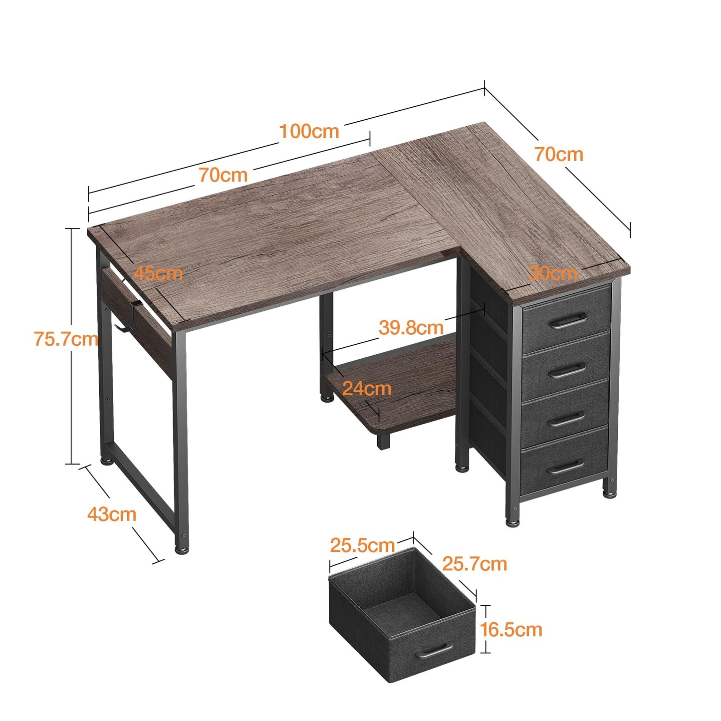 Coleshome Corner Desk, 100 x 70 cm, L Shape Desk with 4 Drawers, Reversible Computer Desk for Office, Study, Bedroom, White