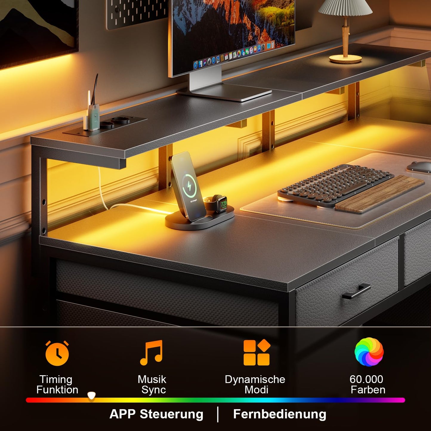 Schreibtisch mit 8 Schubladen, Computertisch mit 2 Steckdosen und 2 USB Ladeanschluss, Bürotisch mit LED und Monitorständer, PC Tisch für Büro, Wohnzimmer, 120 x 50 x 74 cm, Weiß