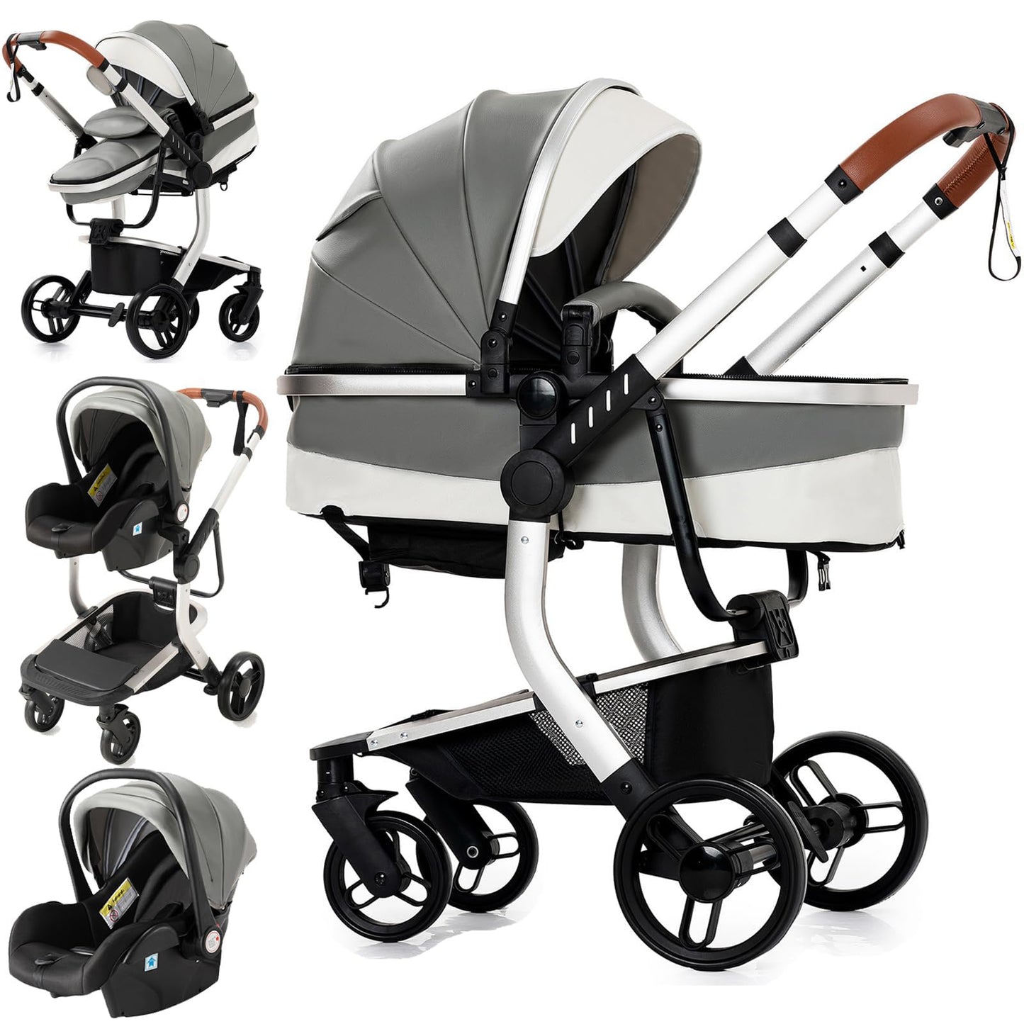 PU Leather Pushchair 3-in-1, Buggy with One-Click Folding Design, Pushchair with Two Reversible Sliding Modes, Combination Pushchair 3-in-1 Complete Set Frame Aluminium Alloy (518 Black)