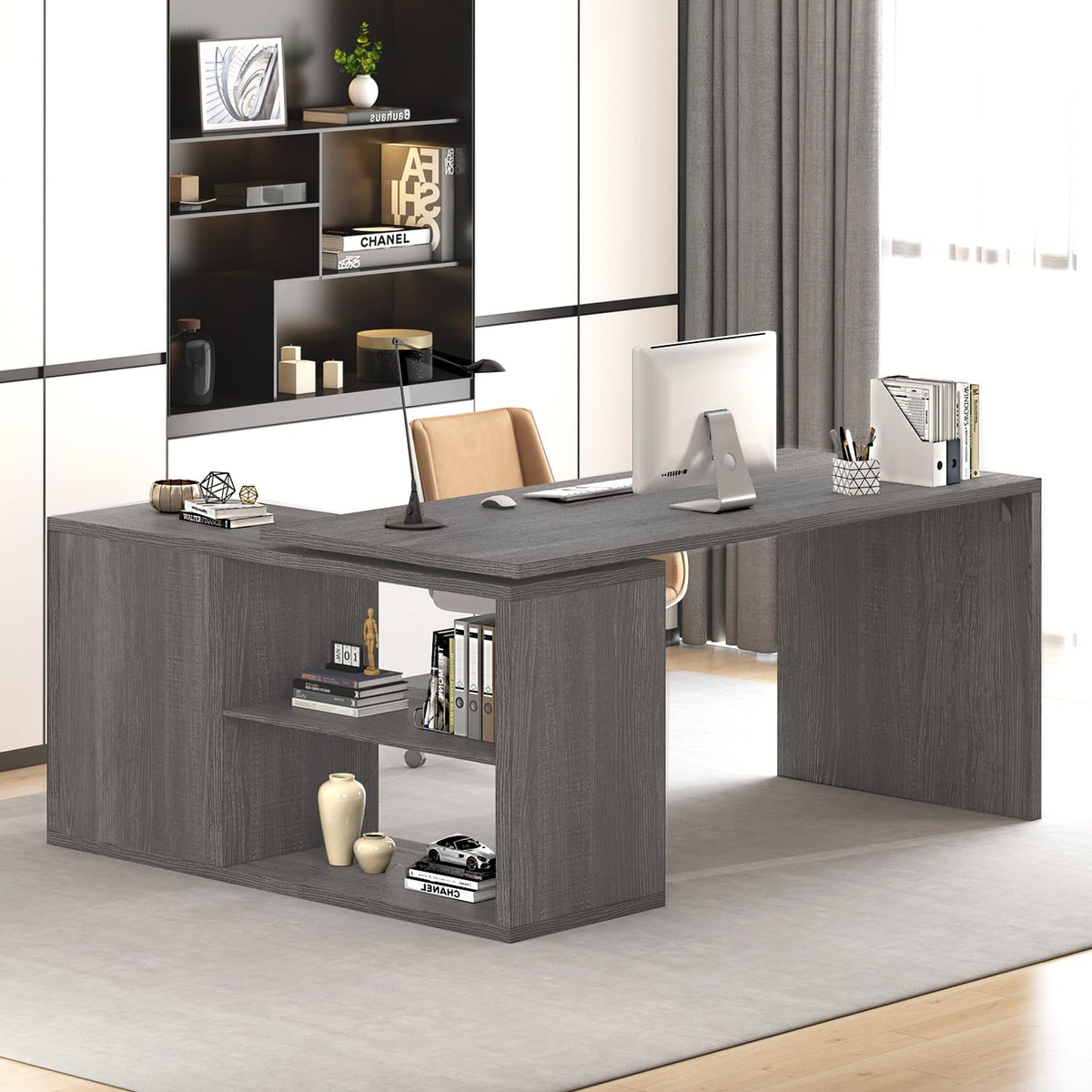 HSH Desk L Shape with Storage Space Corner Desk for Home Office Industrial Computer Desk Office Table Wood Design PC Table for Office Study Vintage Grey 140 cm
