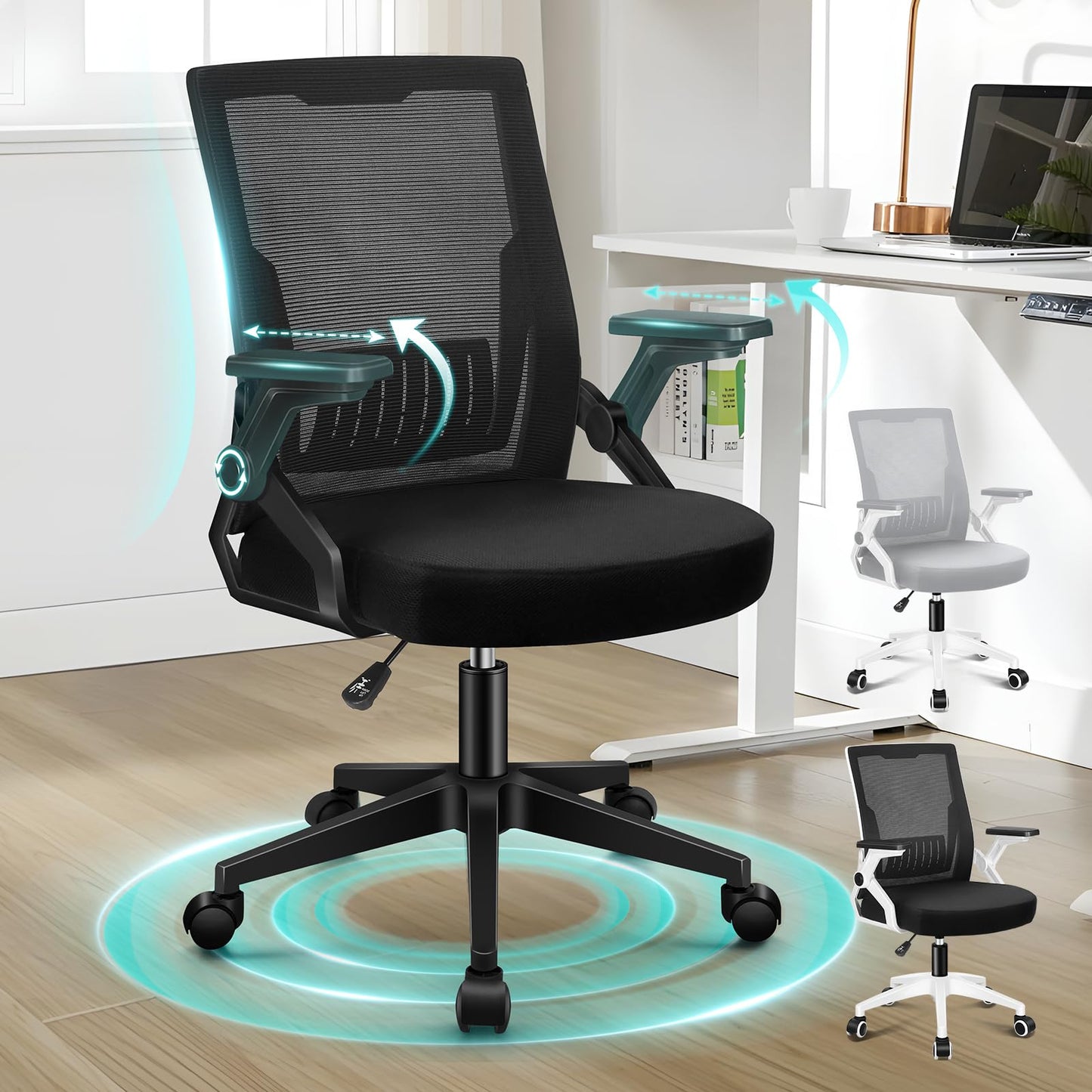 ALFORDSON Ergonomic Office Desk Chair, Computer Chair with Dynamic Lumbar Support, Tilting Swivel Chair with Flip Up Armrest, Black