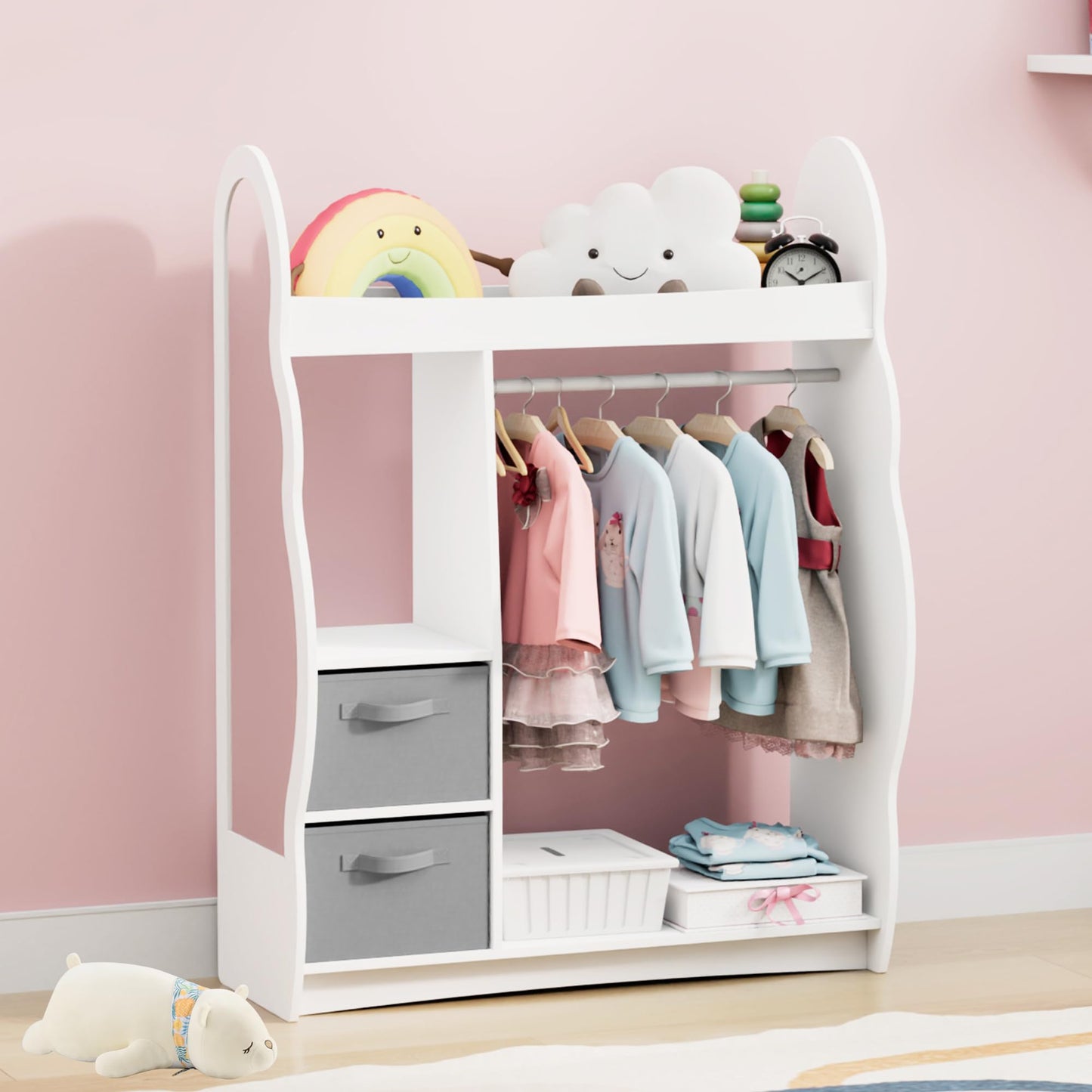 Children's Clothes Rack with Mirror, Clothes Rail with Shelves, Children's Wardrobe Wood, Children's Shelf for Children's Room, 81 x 28 x 106.5 cm (Clouds with 2 Drawers, White)
