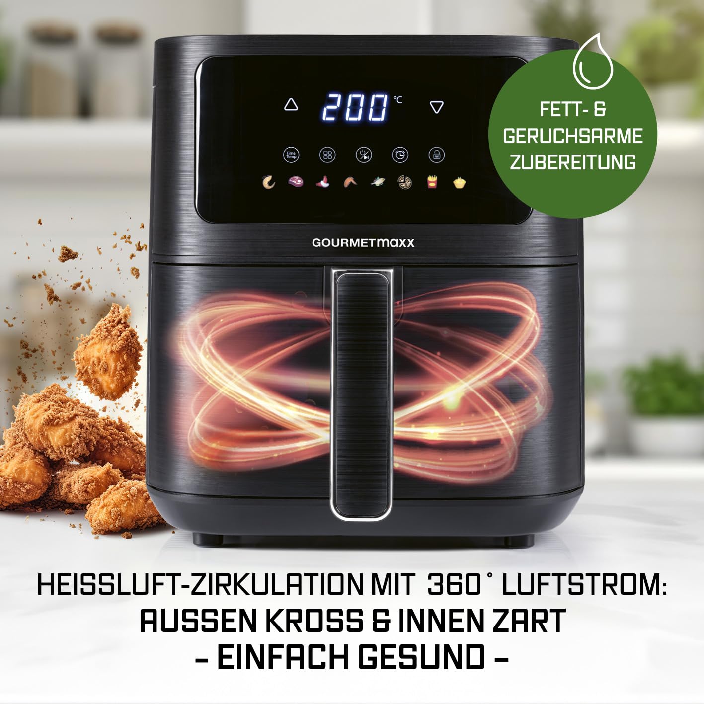GOURMETmaxx Digitale Heißluftfritteuse 12 L, XXL-Edelstahl-Ofen | Airfryer + Timer, Touchdisplay, Drehspieß | fettarm, energiesparend frittieren | 10 Programme inkl. Pizza | 1800 W