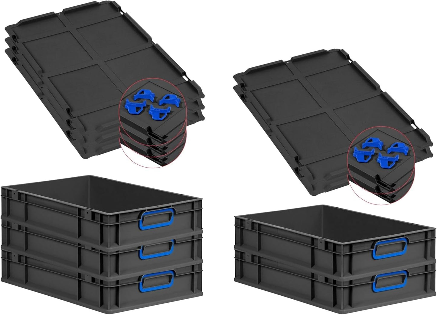 PROREGAL Economy Set of 5 Eurobox NextGen Colour with Lid and Sliding Snap Fasteners, H x W x D 22 x 30 x 40 cm, 20 L, Black, Closed Handles, Euro Container, Transport Box, Transport Container