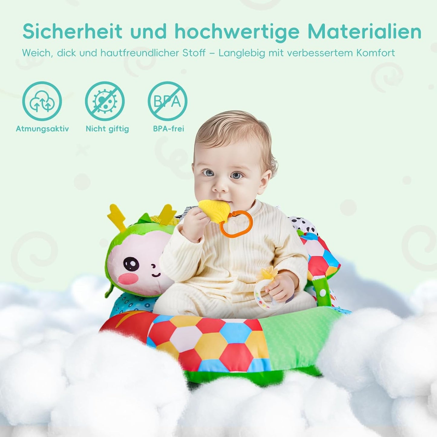 Generisch SAIMAND Baby Toy 0-6 Months, 3-in-1 Removable Caterpillar Play Pillow for Tummy Time Toys, Abdominal Position, Sitting & Support with Rattle, Teething Ring and Mirror, Ideal Baby Gift 0-3-6