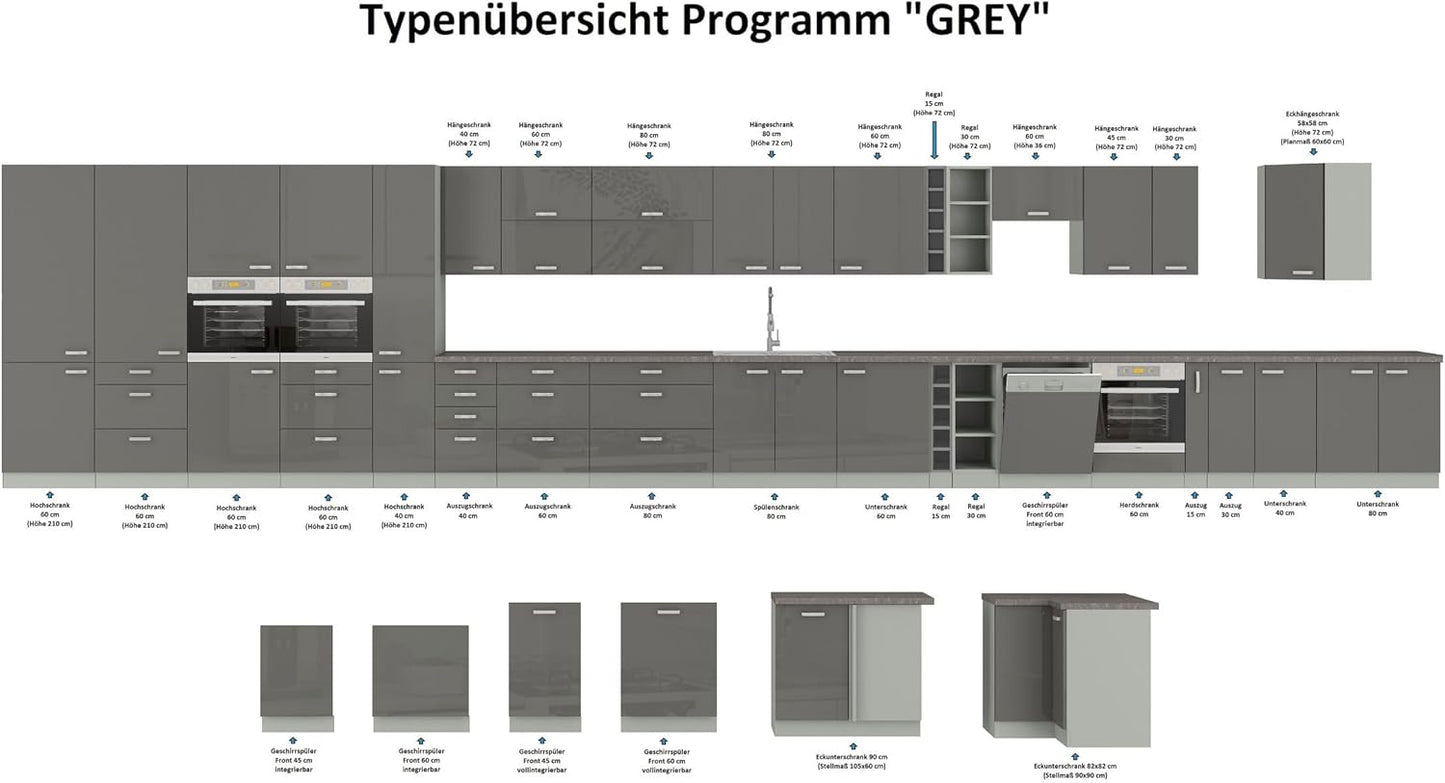 Küche Bianca II 240+160 Küchenzeile Hochglanz Grau Küchenblock Einbauküche Grey