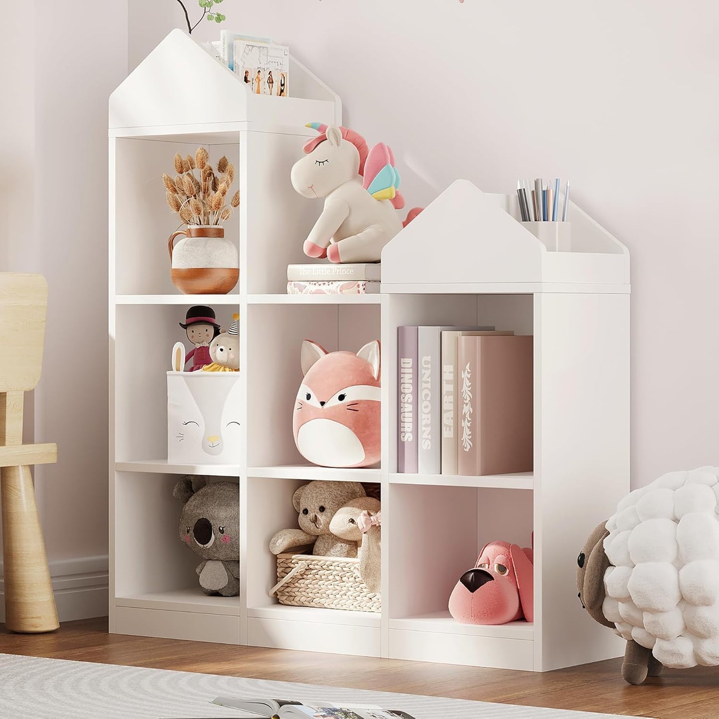 Garvee Kinder Bücherregal mit Lese Breite Kinder Bücherregal 6-Cubby Spielzeug Aufbewahrung Organizer Sitzkissen Holz Aufbewahrungsbank Spielhaus Schrank Kinderzimmer, Spielzimmer Weiß 121x30x107cm