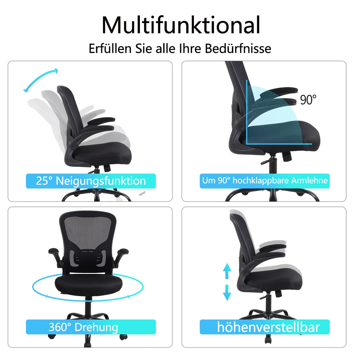 Youhauchair Office Chair, Ergonomic Office Chair with Fold-Up Armrests, Desk Chair with Lumbar Support, Breathable Office Chair, Black