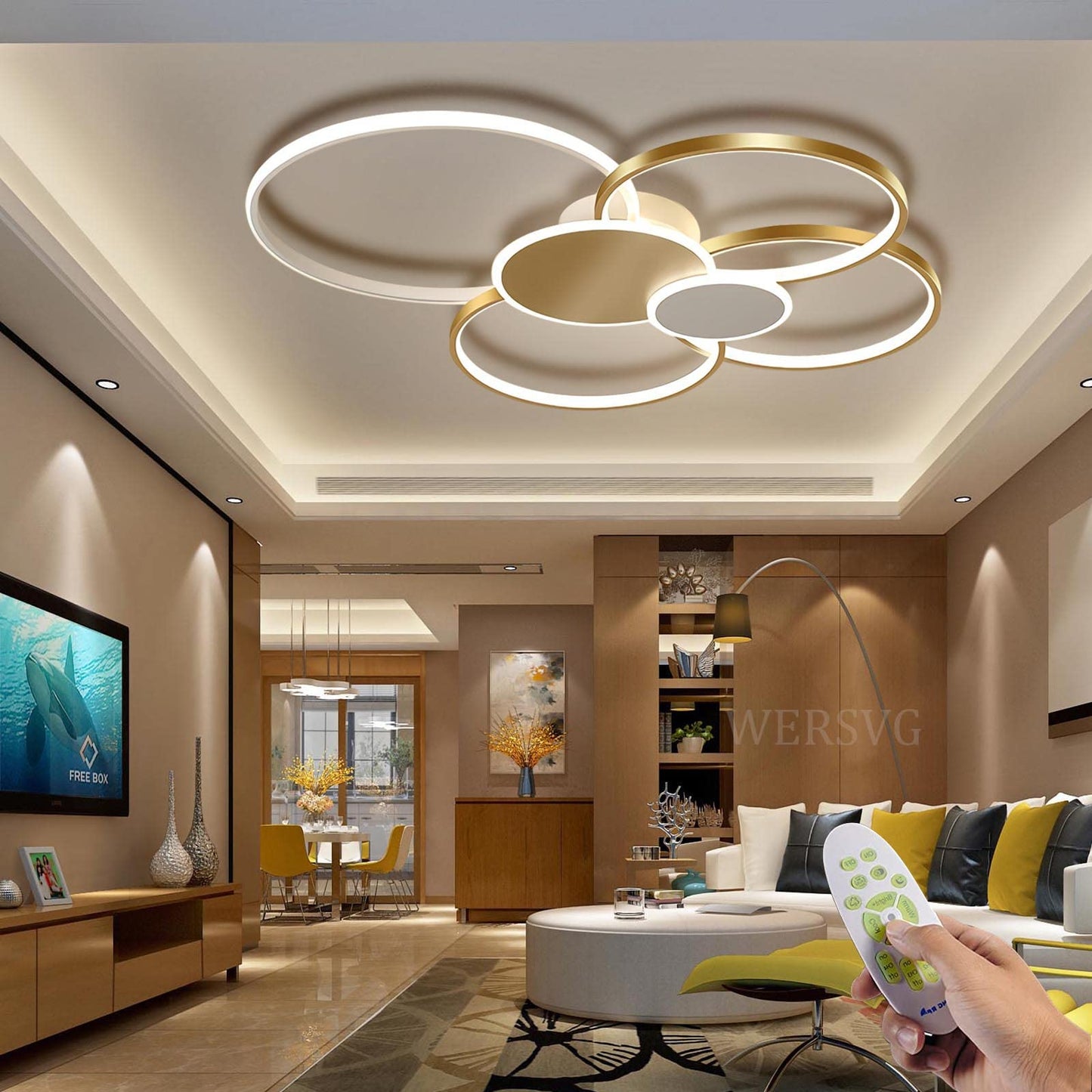 WERSVG L80cm Modern LED Deckenleuchte Wohnzimmer Deckenlampe gold 6-Ring Deckenleuchte 70W 5600LM Dimmbar 3500K - 6500KMit Fernbedienung flurlampe decke, für Wohnzimmer Schlafzimmer Küche Esszimmer