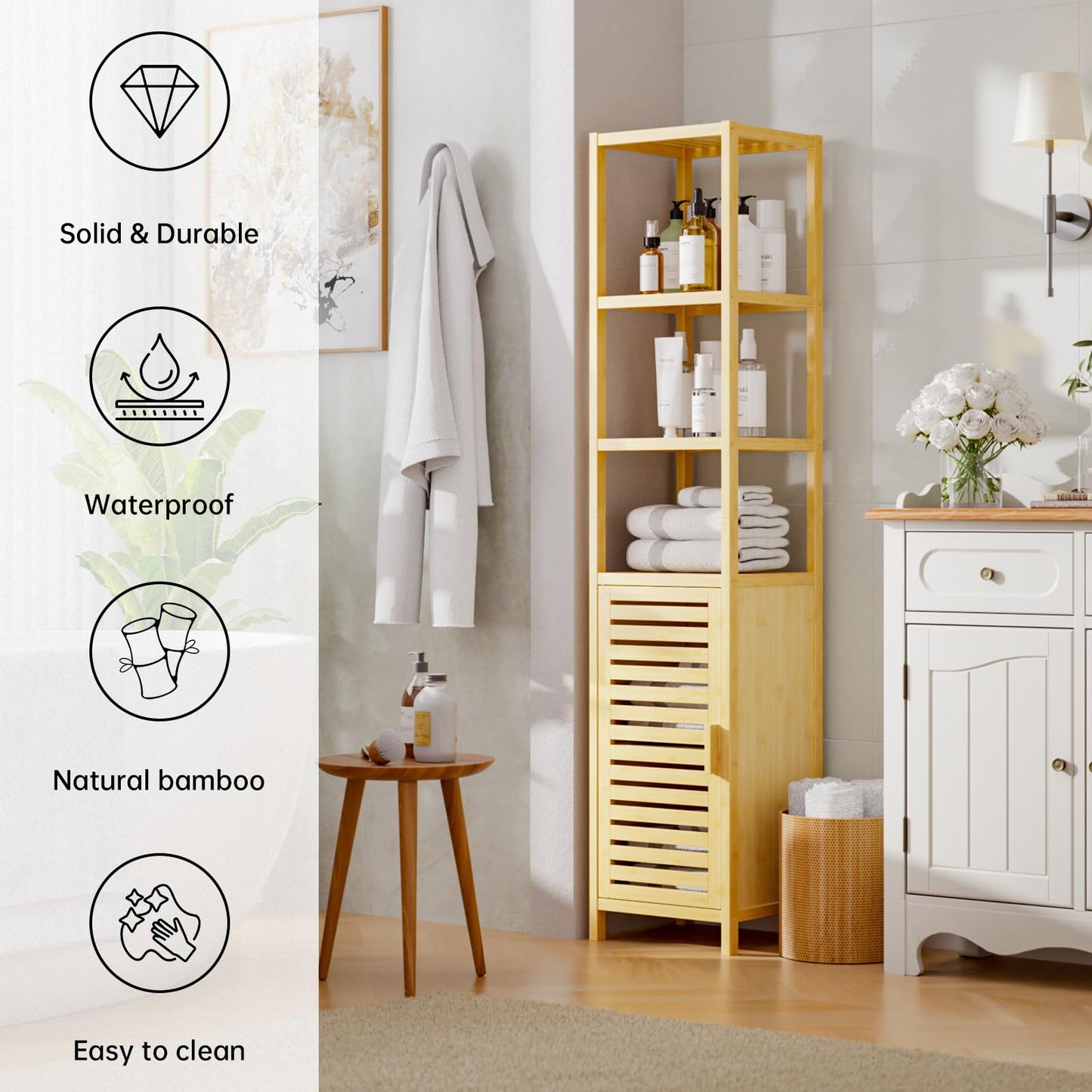 HITNET Bathroom Cabinet Bamboo Black Bathroom Cabinet Tall Cabinet Narrow Freestanding Floor Standing with Open Shelf and Single Door