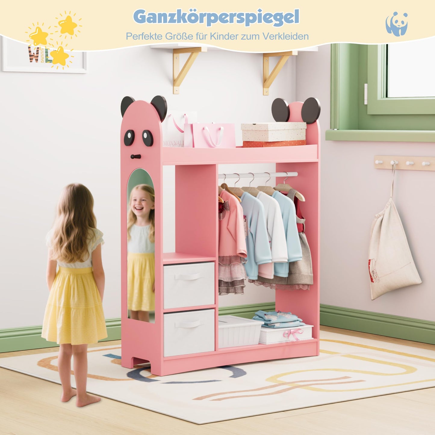 Children's Clothes Rack with Mirror, Clothes Rail with Shelves, Children's Wardrobe Wood, Children's Shelf for Children's Room, 81 x 28 x 106.5 cm (Clouds with 2 Drawers, White)