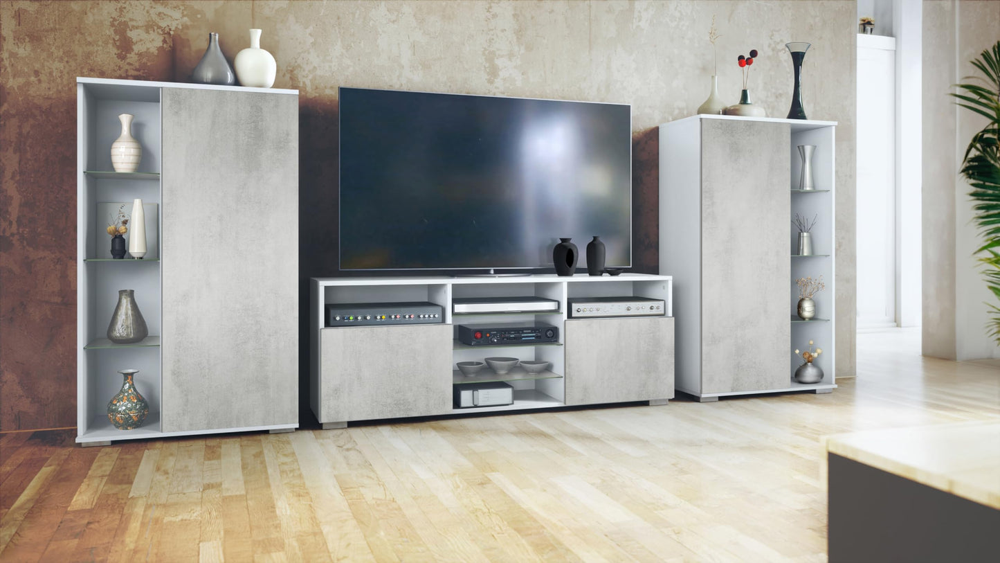 Vladon Davos Wall Unit with 2 Display Cabinets and 1 TV Board, Matte White / High Gloss White (329 x 134 x 35 cm)