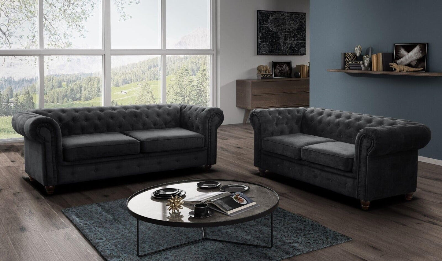 Easy4You Chesterfield Black Set 3-Seater + 2-Seater Sofa Sofas for Living Room Sofa Sets with Wooden Feet Set Sofas & Couches
